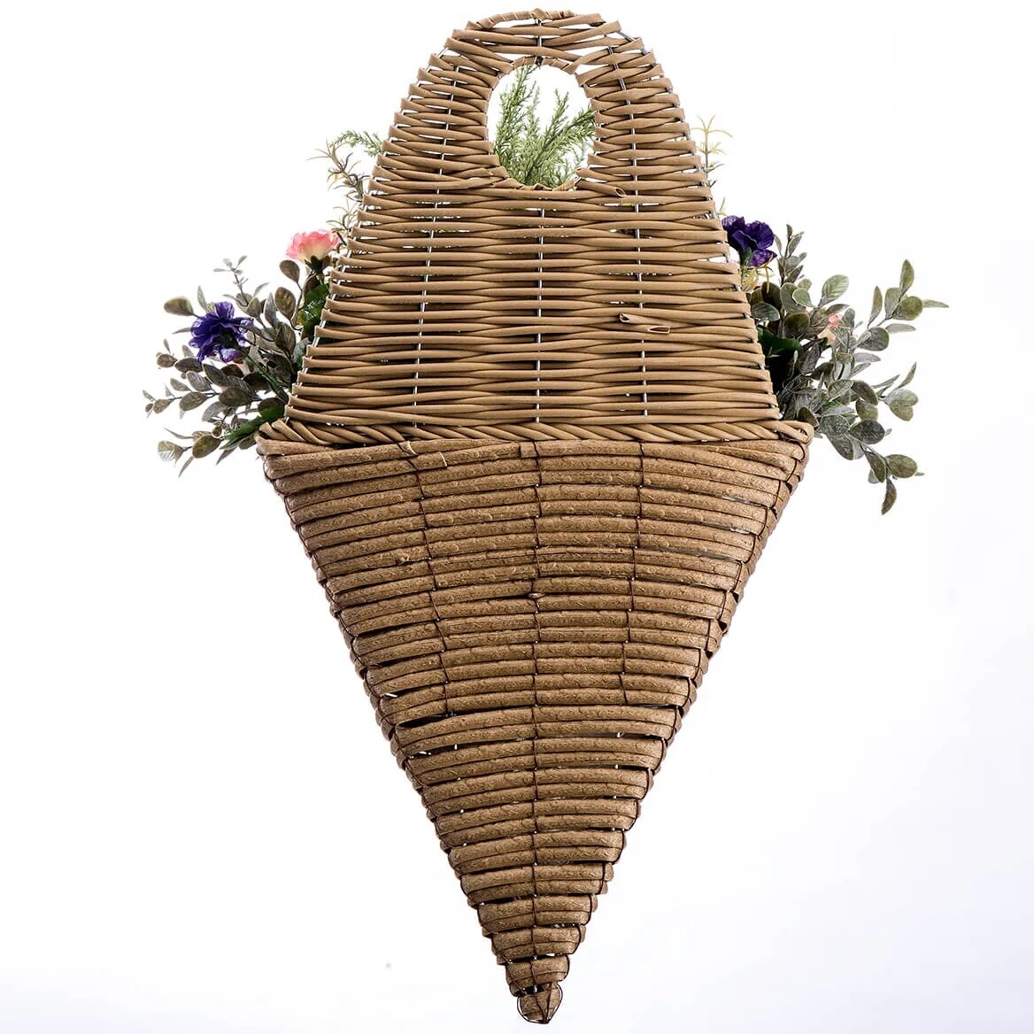 Large Morning Glory Faux Floral Hanging Cone Shaped Wall Basket 22”H FREE SHIP