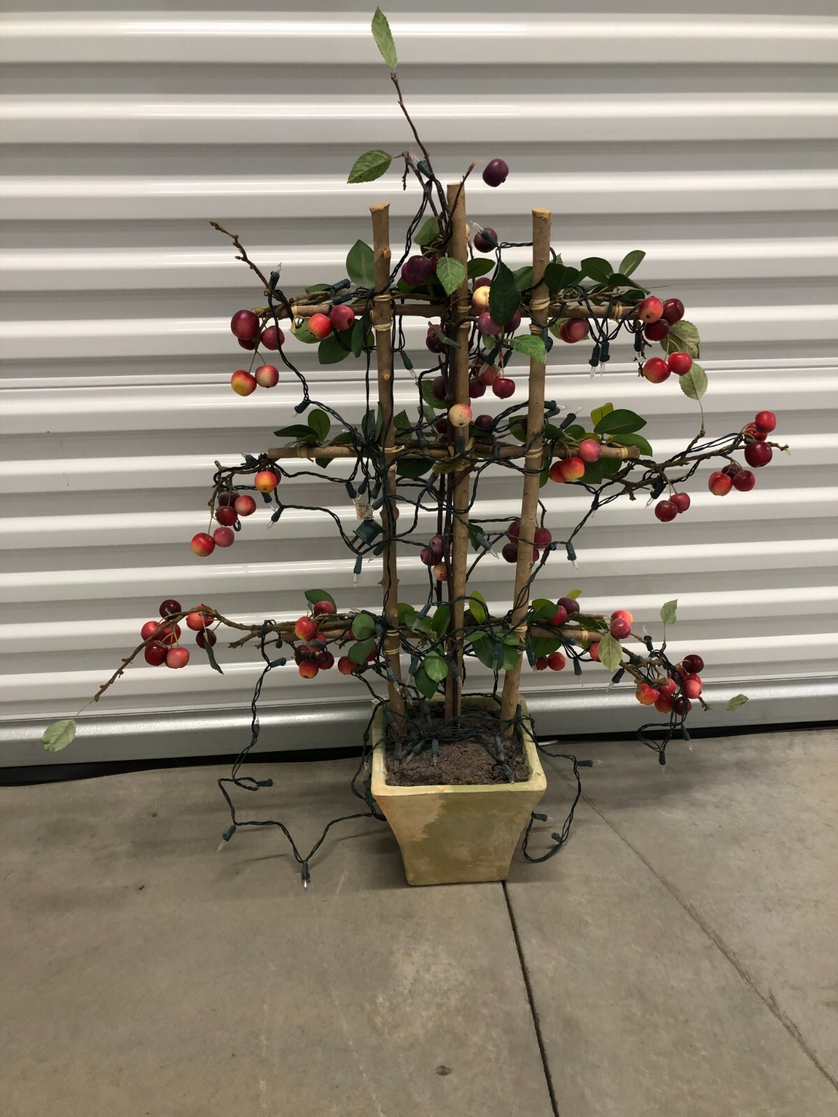 Lighted Faux Crabapple Tree on Bamboo Trellis, Decor Artificial Plant & Fruits