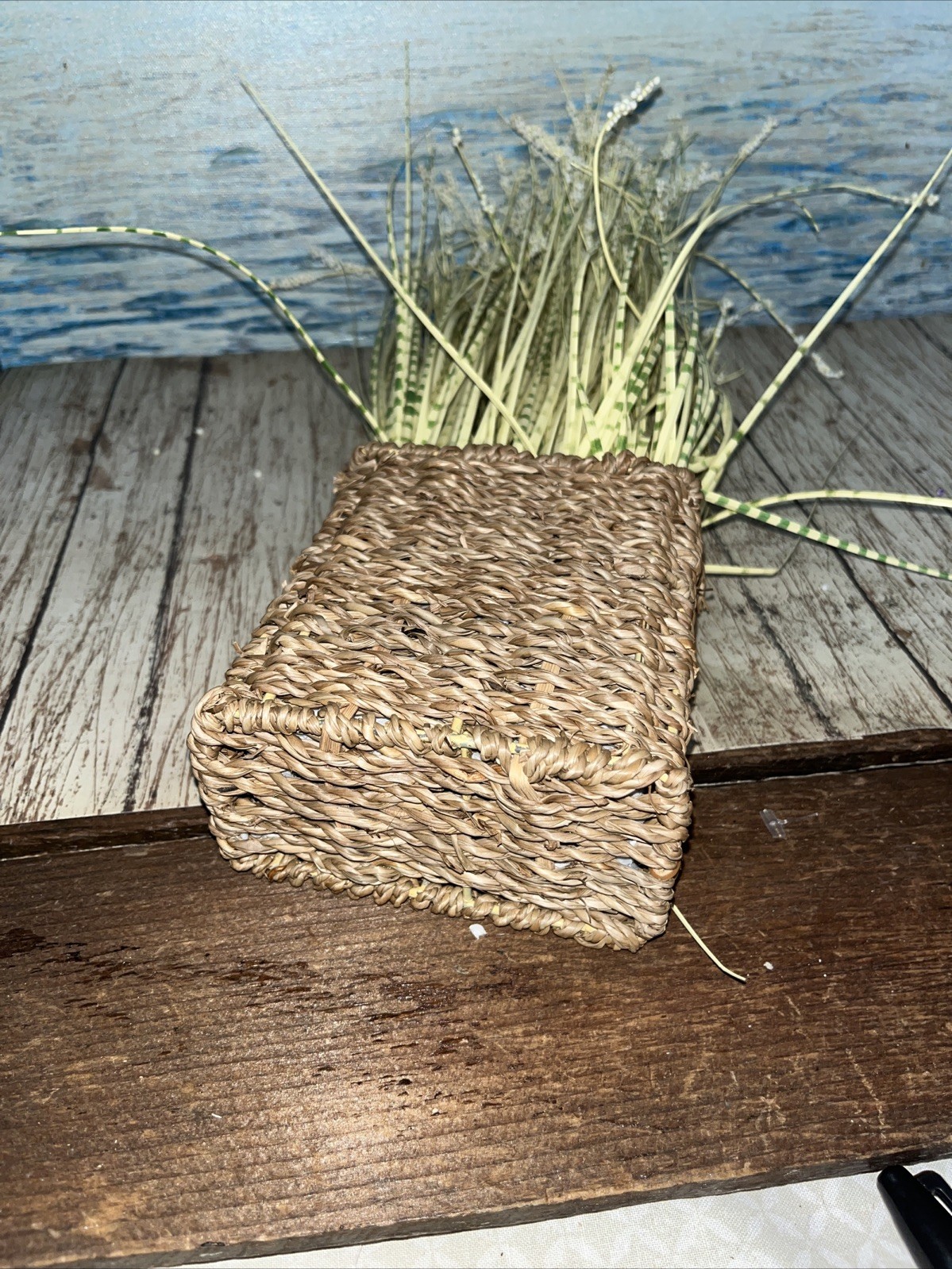Artificial White Flowers in Woven Sea Grass Basket 4”x16” Green & Yellow Grass