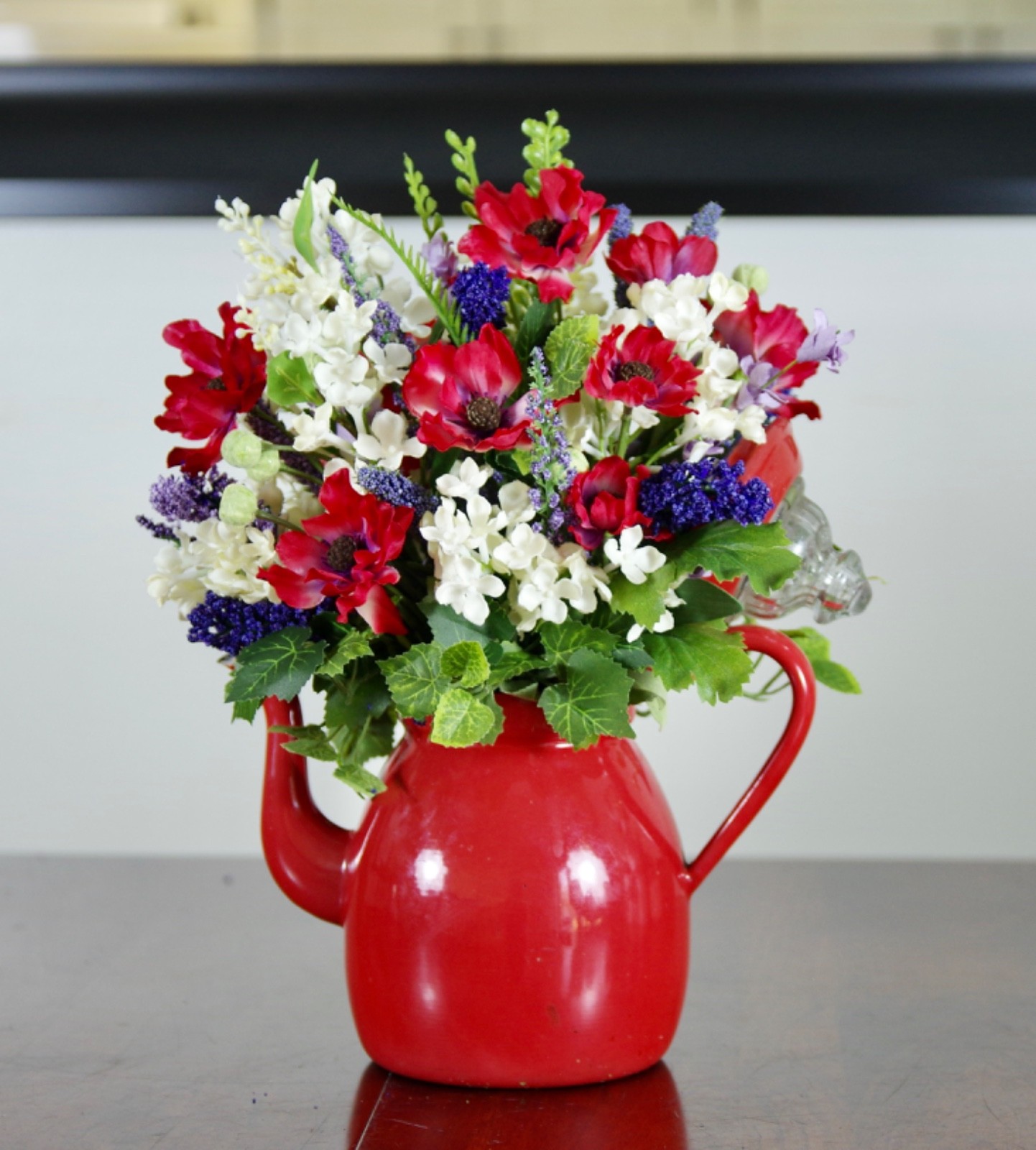 Silk Red, White and Purple Arrangement in Red Enamel Coffee Pot