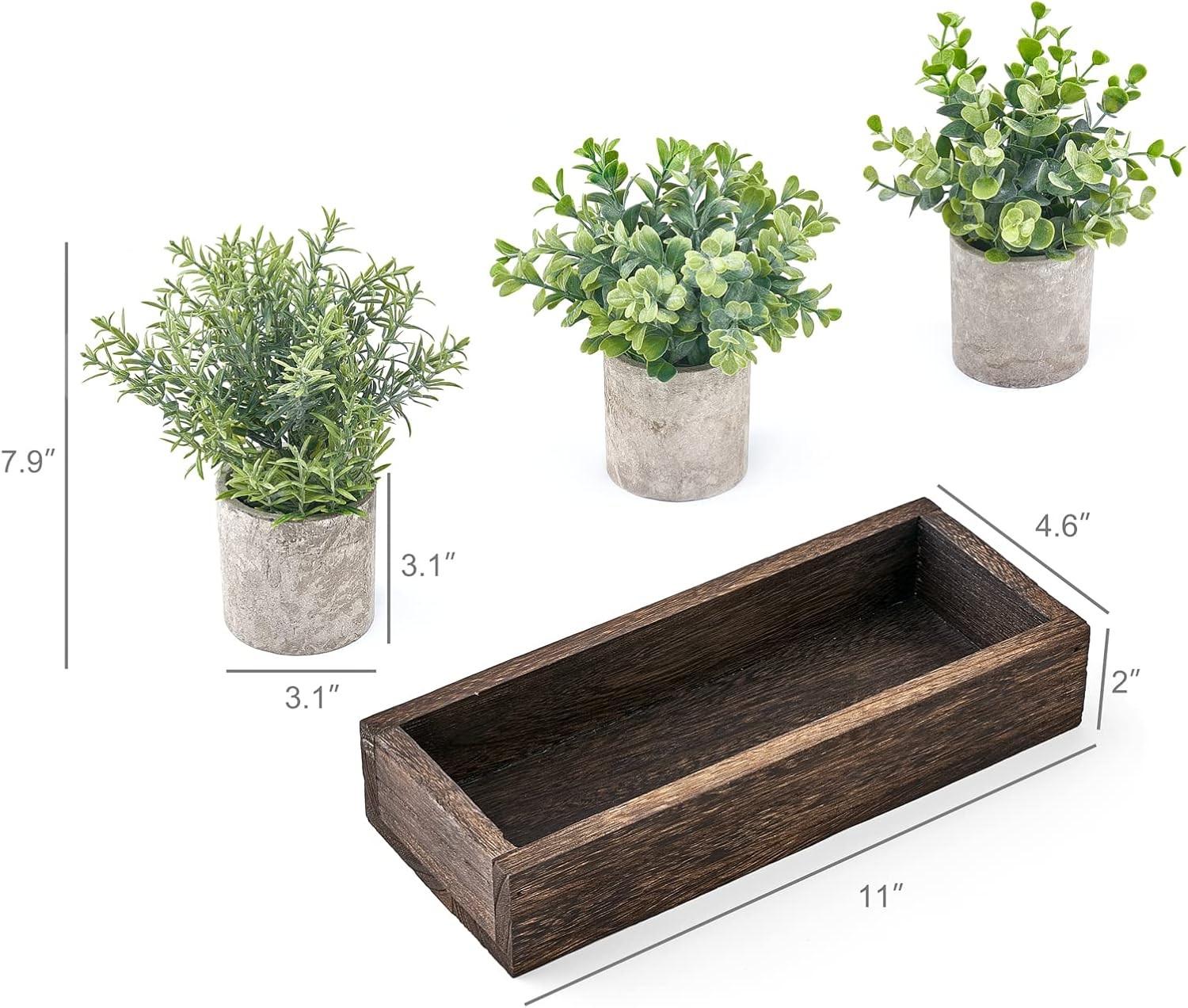 3 Pack Mini Potted Artificial Eucalyptus Fake Plants with Wood Tray Centerpiece