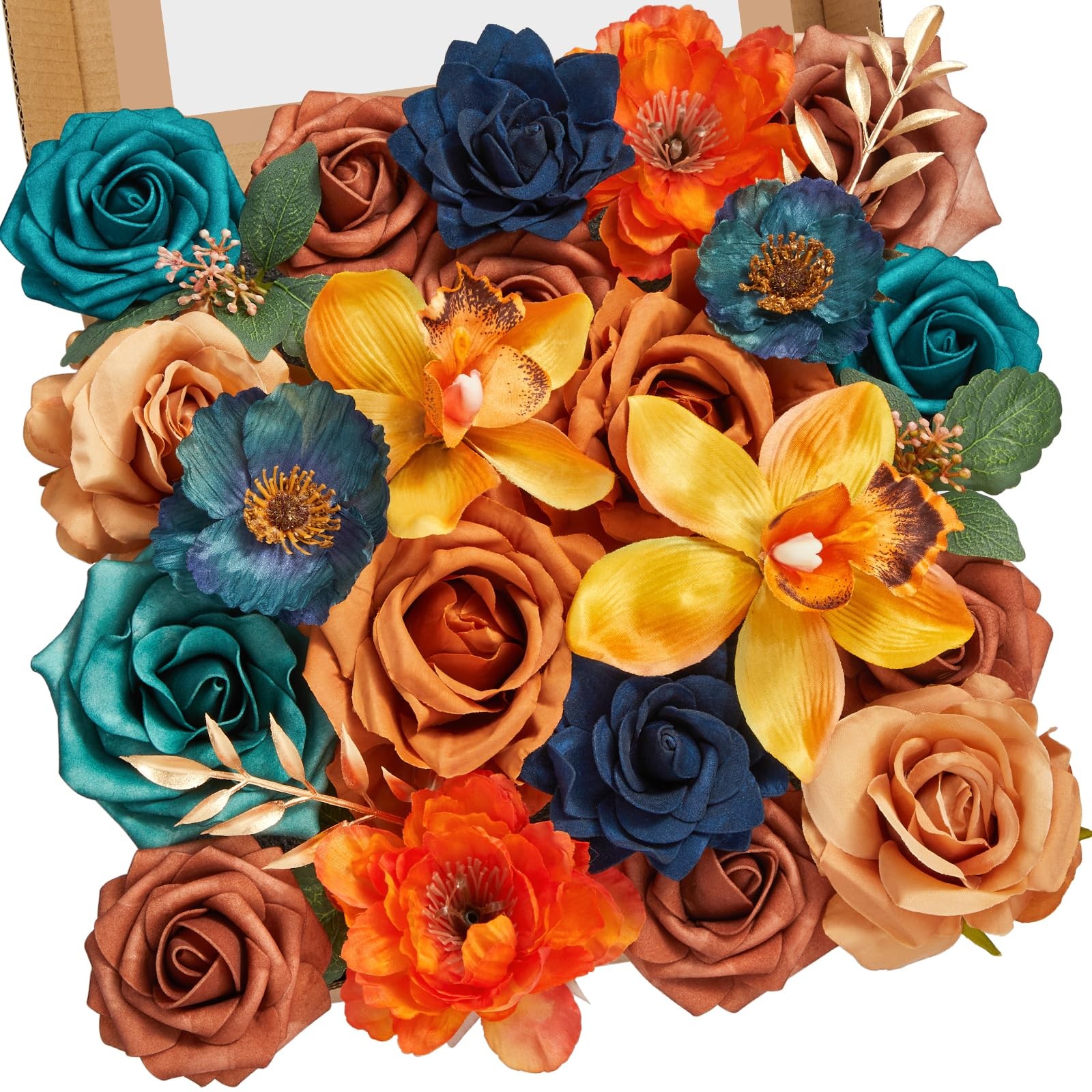 Teal Burnt Orange Artificial Silk Flowers Wedding Bridal Bouquet Party Decor