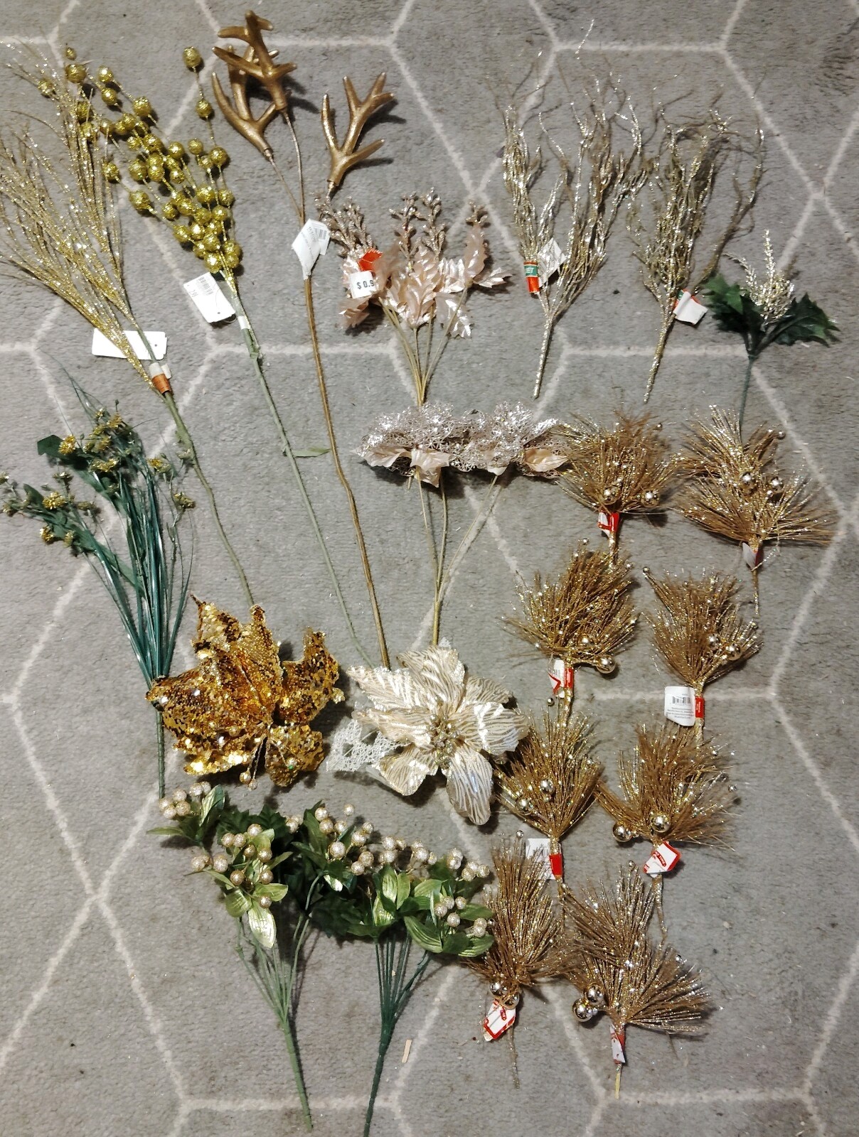 21 Faux Glitter Gold Branches, Flowers, Balls, Artificial Antler, Trees