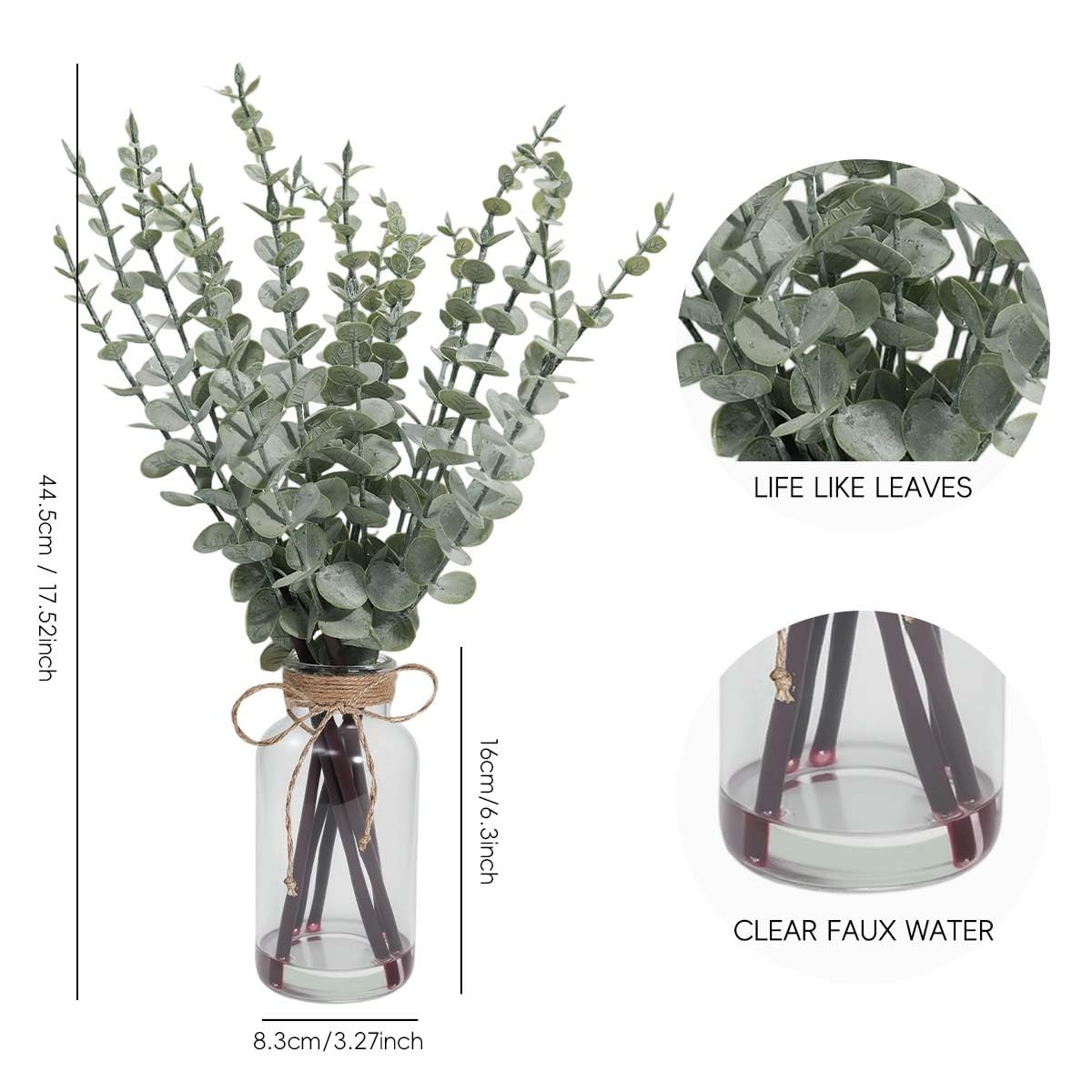 Artificial Eucalyptus Stems in Glass Vase with Faux Water, 17.5 Inch Mini Fau…