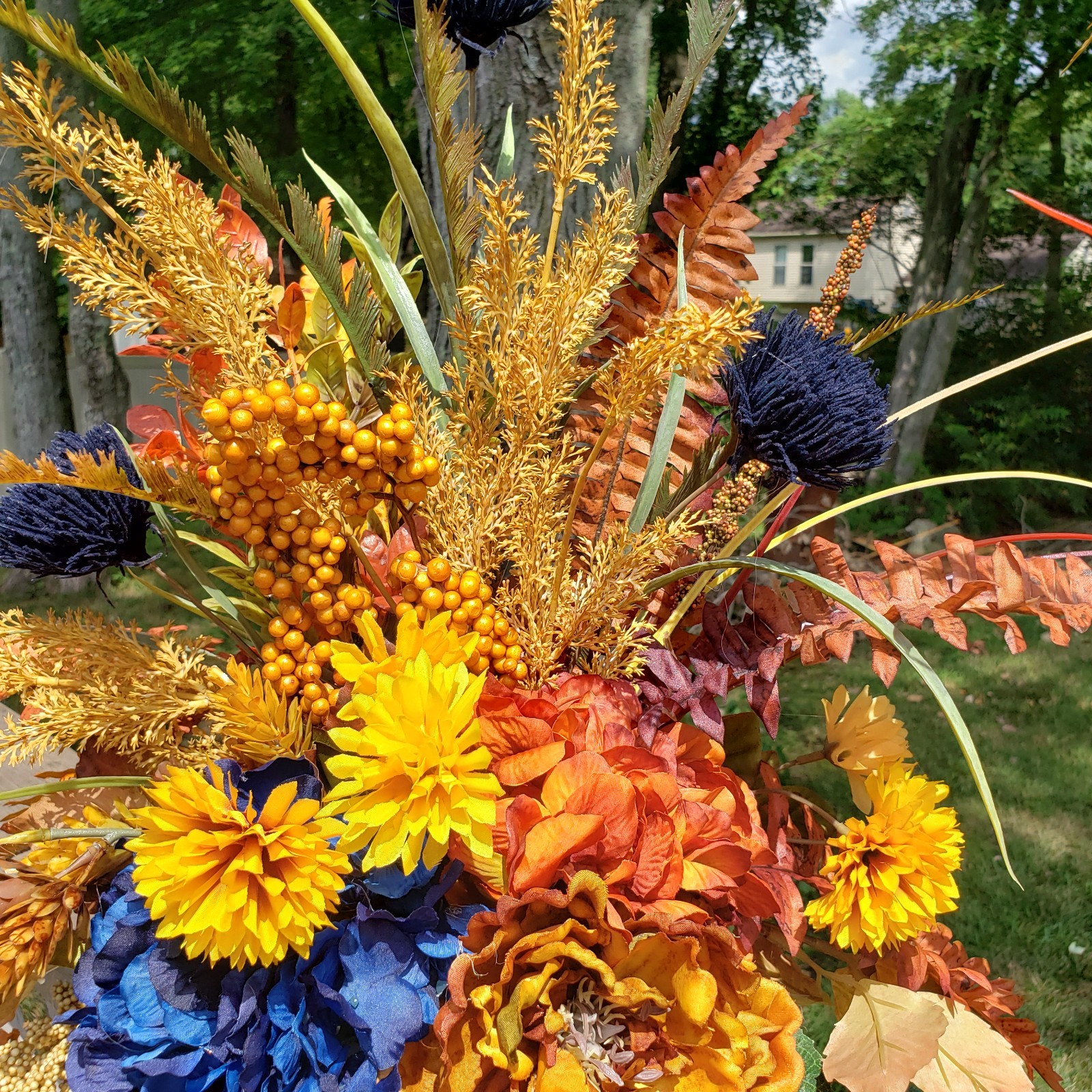 Set of 2 Large Fall Floral Arrangements, Blue Hydrangea Autumn Mantel Decor