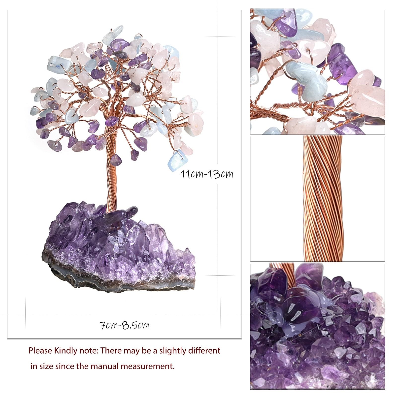Crystal Copper Tree, Amethyst Base, Rose Quartz, Aquamarine, Fengshui, Decor