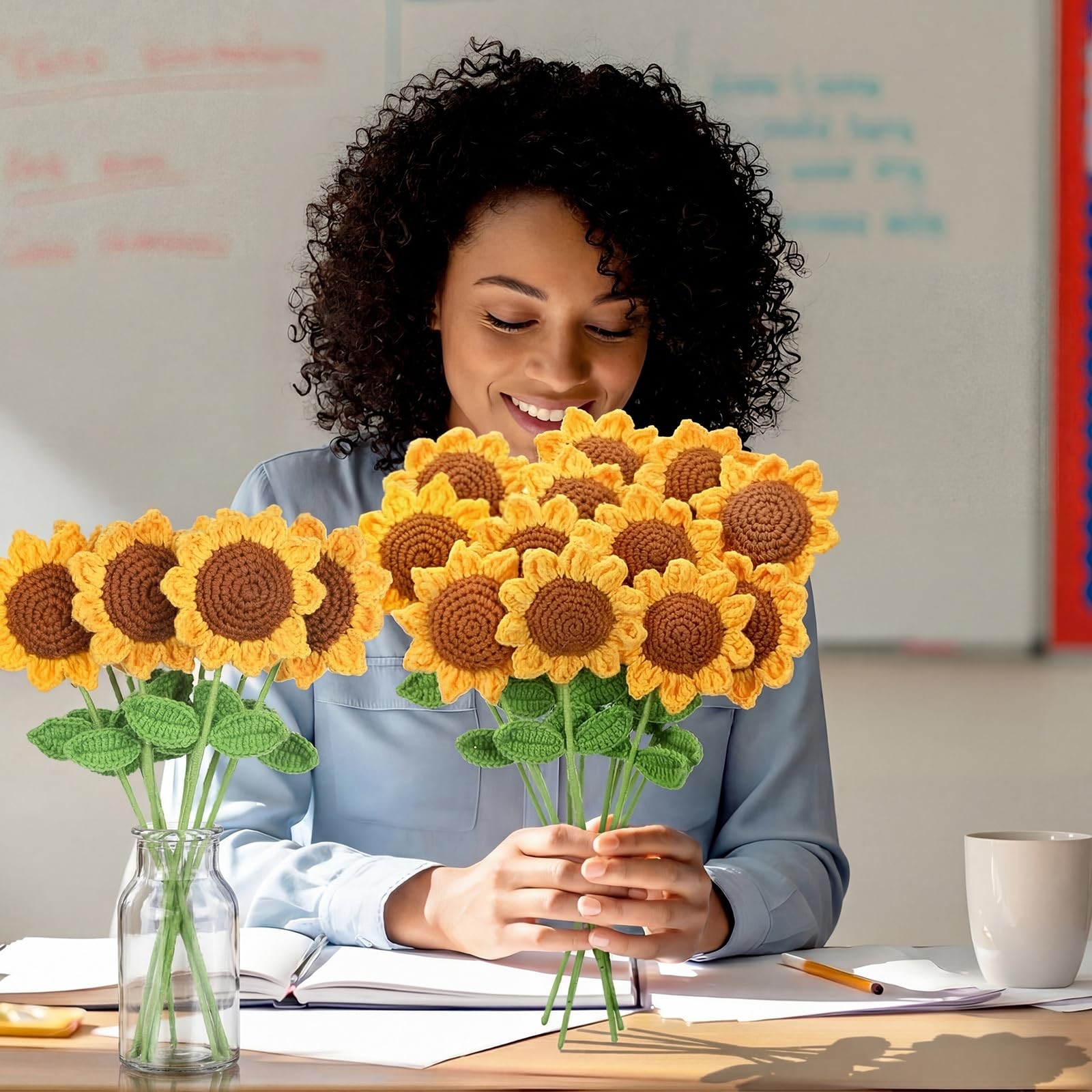 12 Sets Back to Teacher Gifts Crochet Sunflower Gifts 12″ Handmade Knit Sunfl…