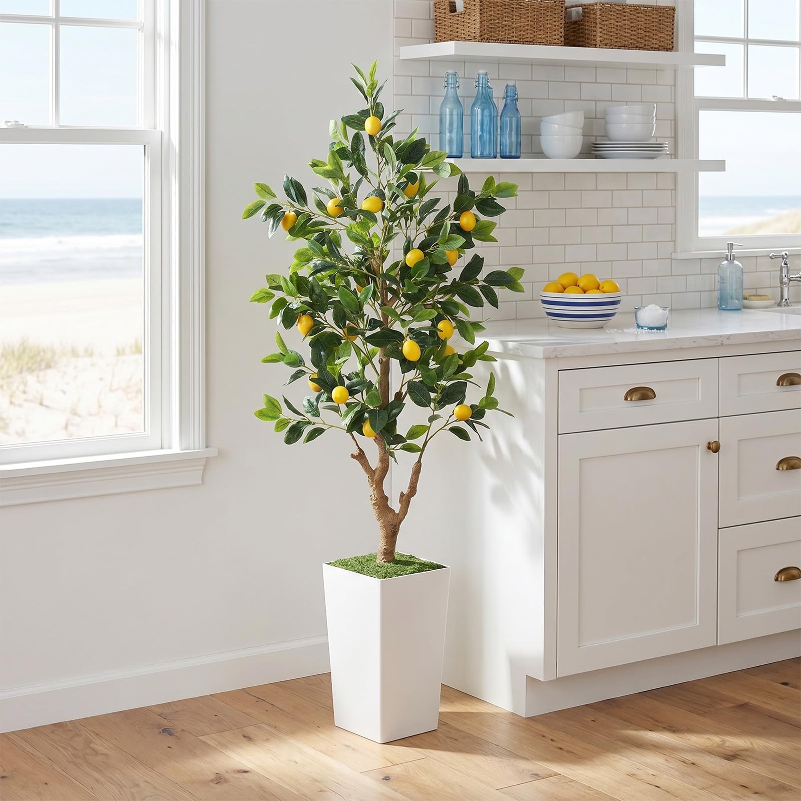 5FT Artificial Lemon Tree with Pot – 60″ Fake Lemon Tree with White Tall Plan…
