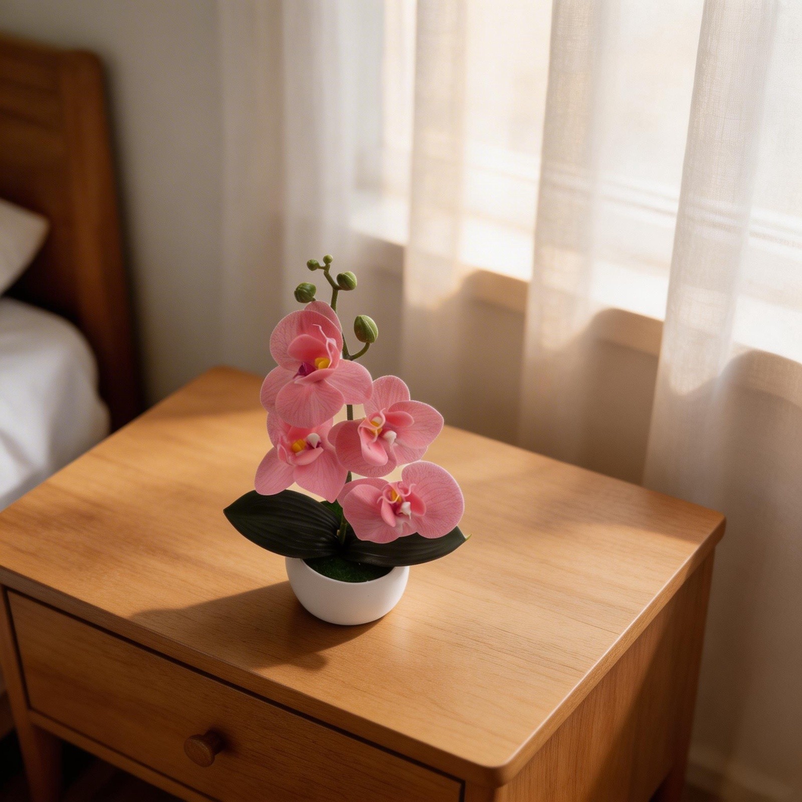 Small Round Belly Pot Faux Butterfly Orchid Four Flower Silk Plant for Entryway
