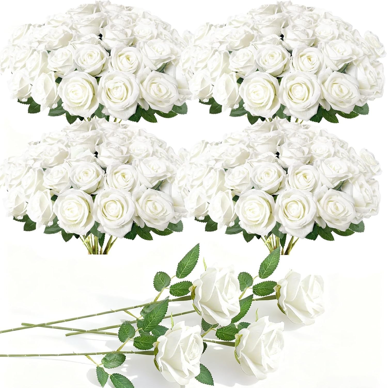 100 Pcs White Fake Roses Bulk Artificial Flowers Artificial Velvet Silk Roses