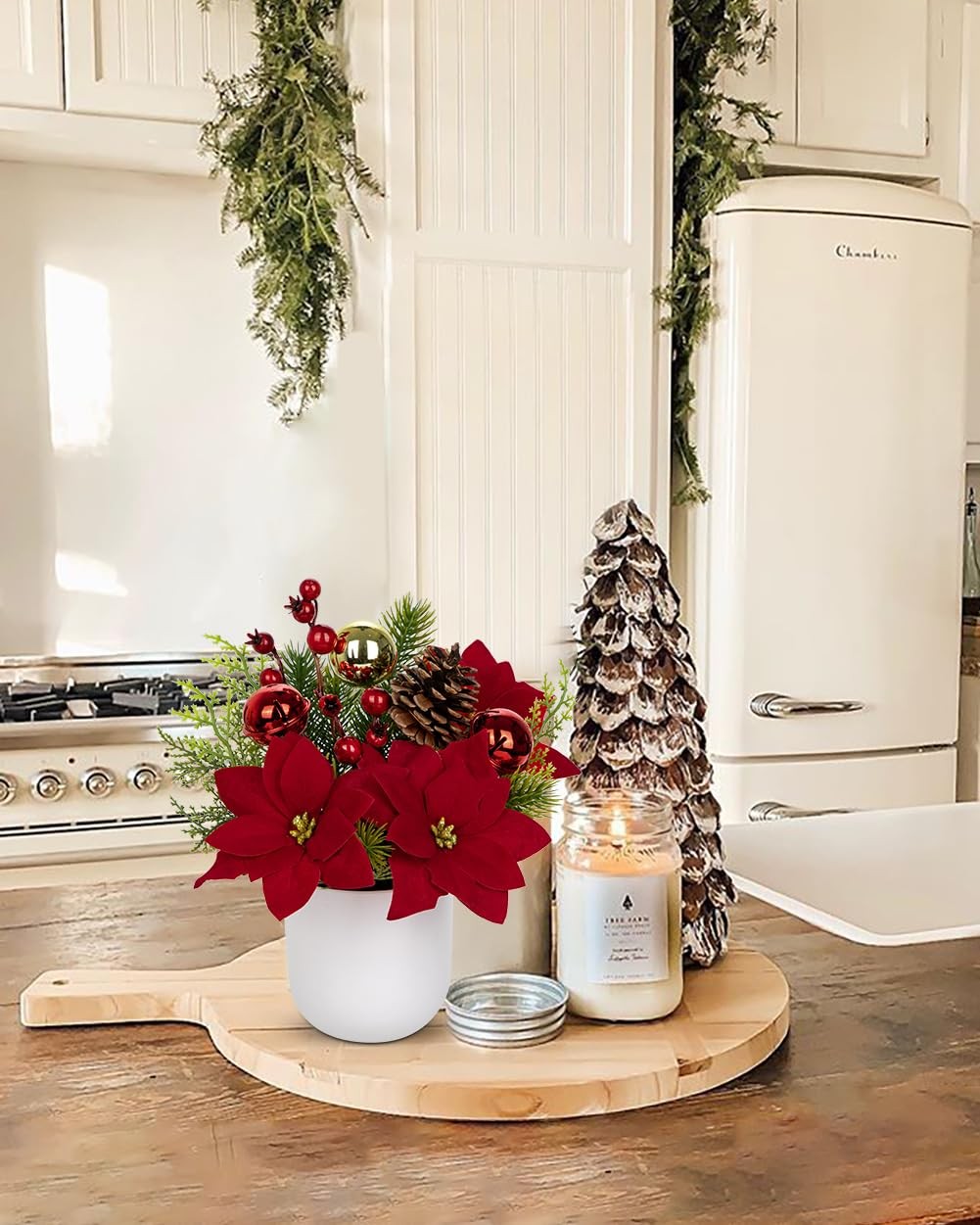 Small Christmas Tree Artificial Potted – 9″ Mini Fake Poinsettias Plant Table…