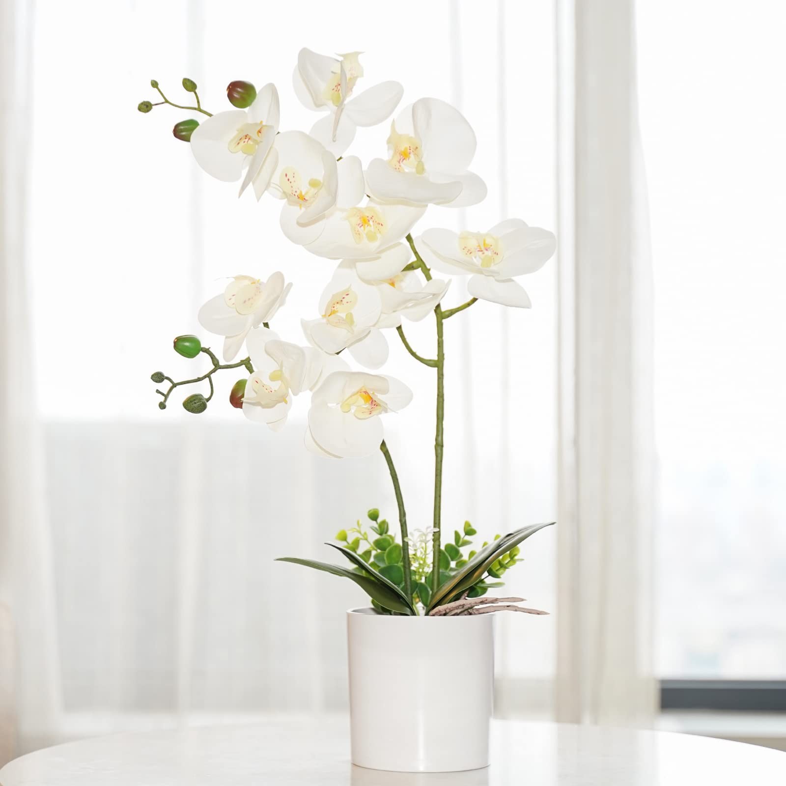 Artificial Orchid Flower Potted, 16.9″ White Orchid in Pot Faux Plant with 2 …