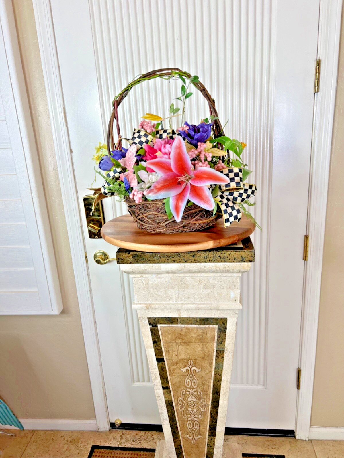 Spring-Summer Silk Flower Basket, Realistic Silk Basket, Tabletop Decor, Gifts