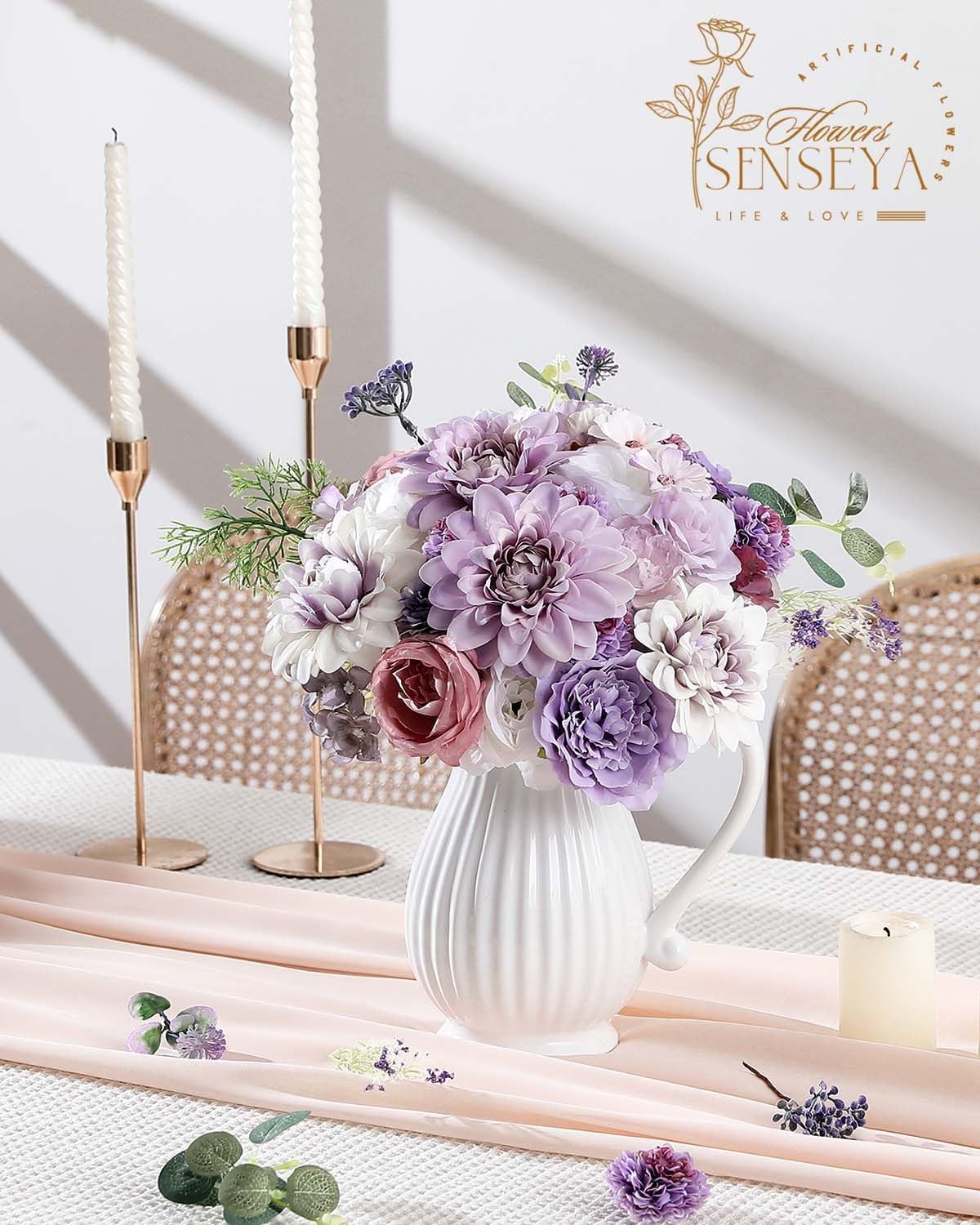 Artificial Flowers Combo Set, Purple Silk Roses, Peonies, Dahlias with Stems …