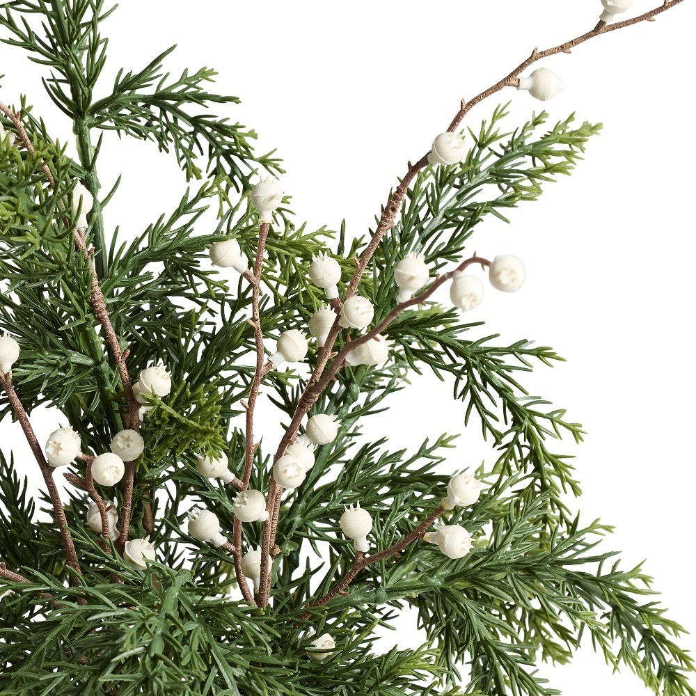 16″ Artificial Cypress & Berries Arrangement in Ribbed Ceramic Vase