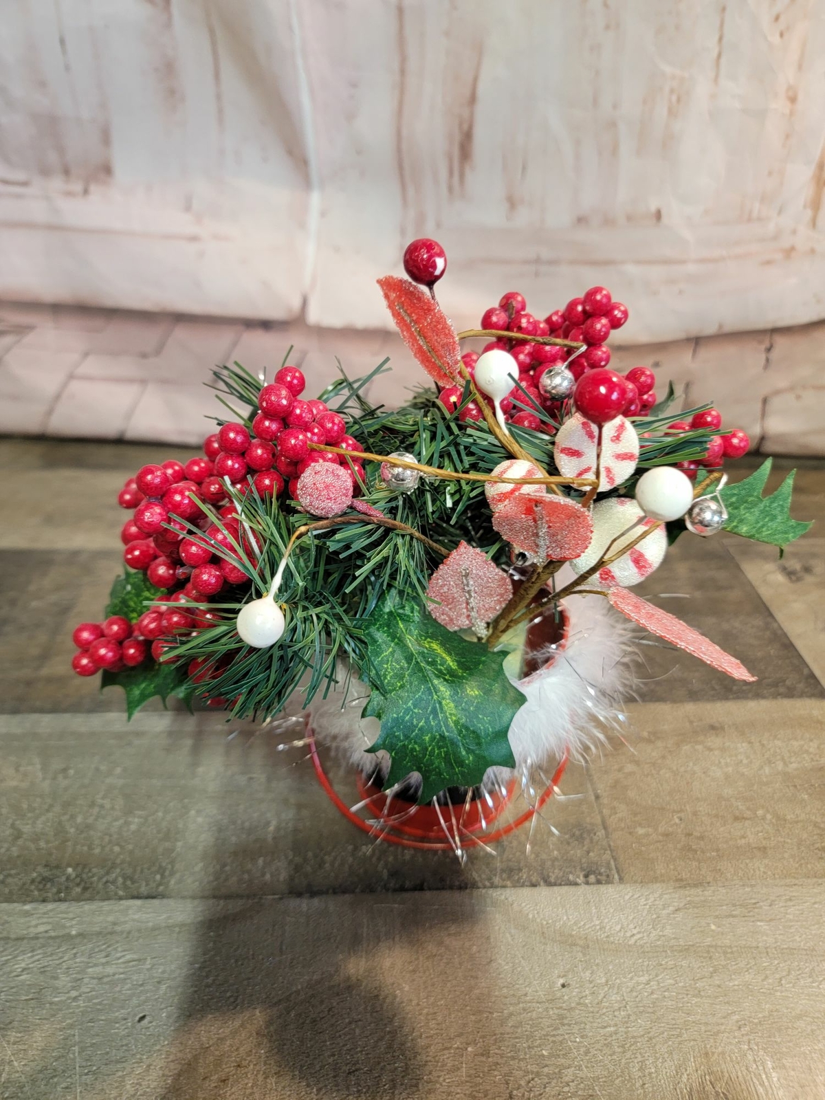 Santa bucket floral arrangement Mistletoe pine cone drum berry xmas decor