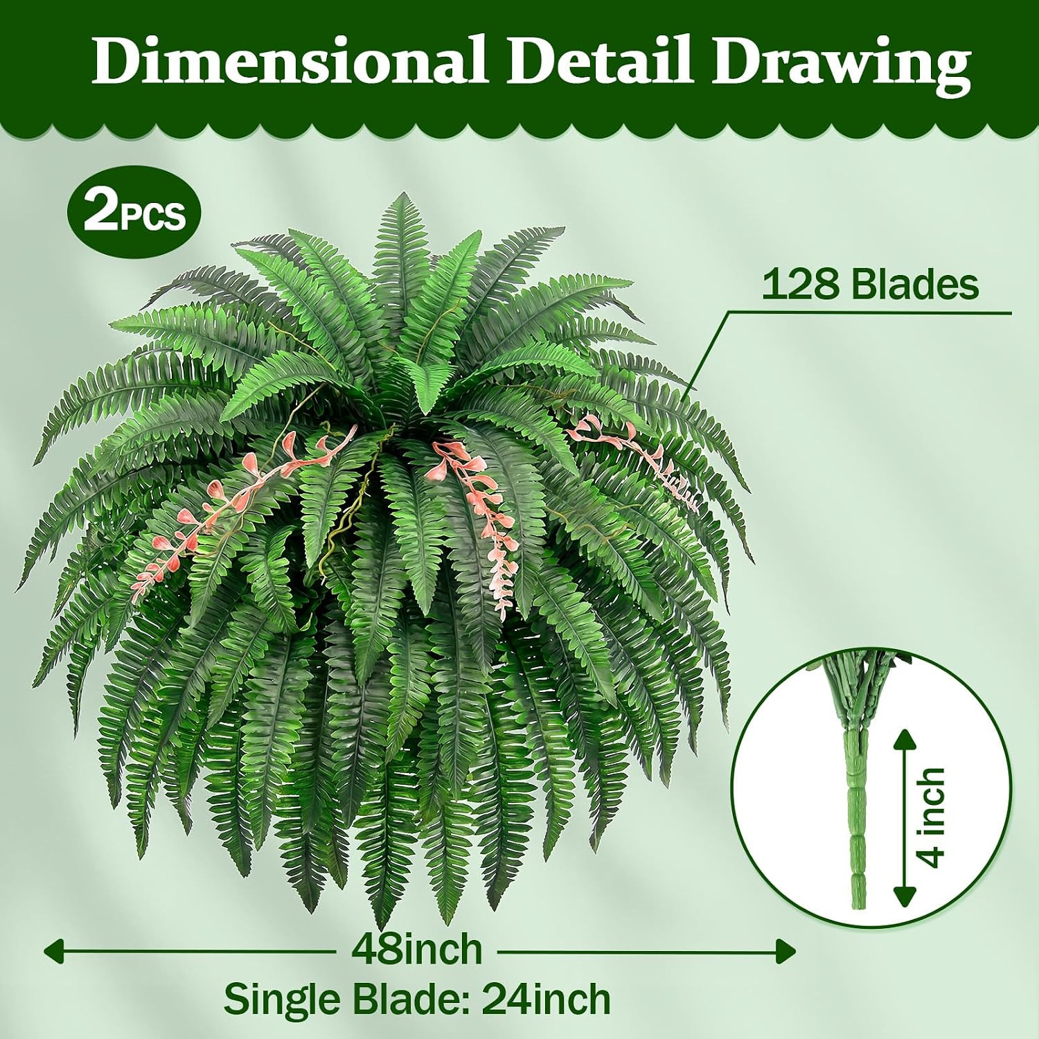 2PCS 48″/128Leaves Artificial Boston Fern Bush, Large Artificial Ferns for Outdo