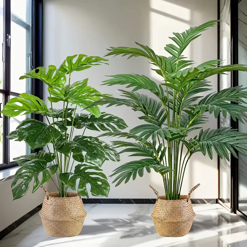 Durable 2pc 24 Leaves Artificial Palm Plants And Faux Monstera Home Office Decor