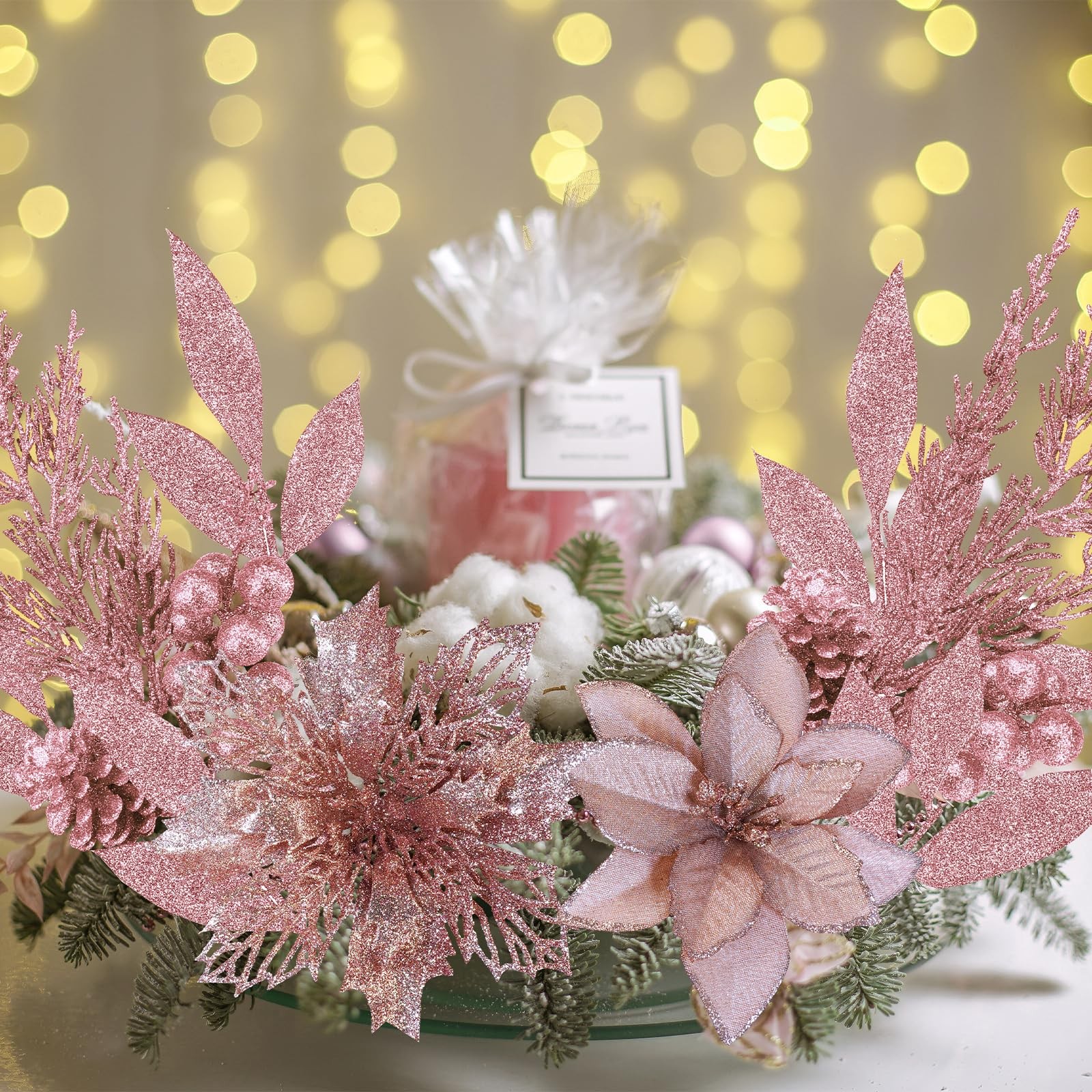 Christmas Artificial Poinsettia Flowers 35 PCS Rose Gold Glitter Floral Picks