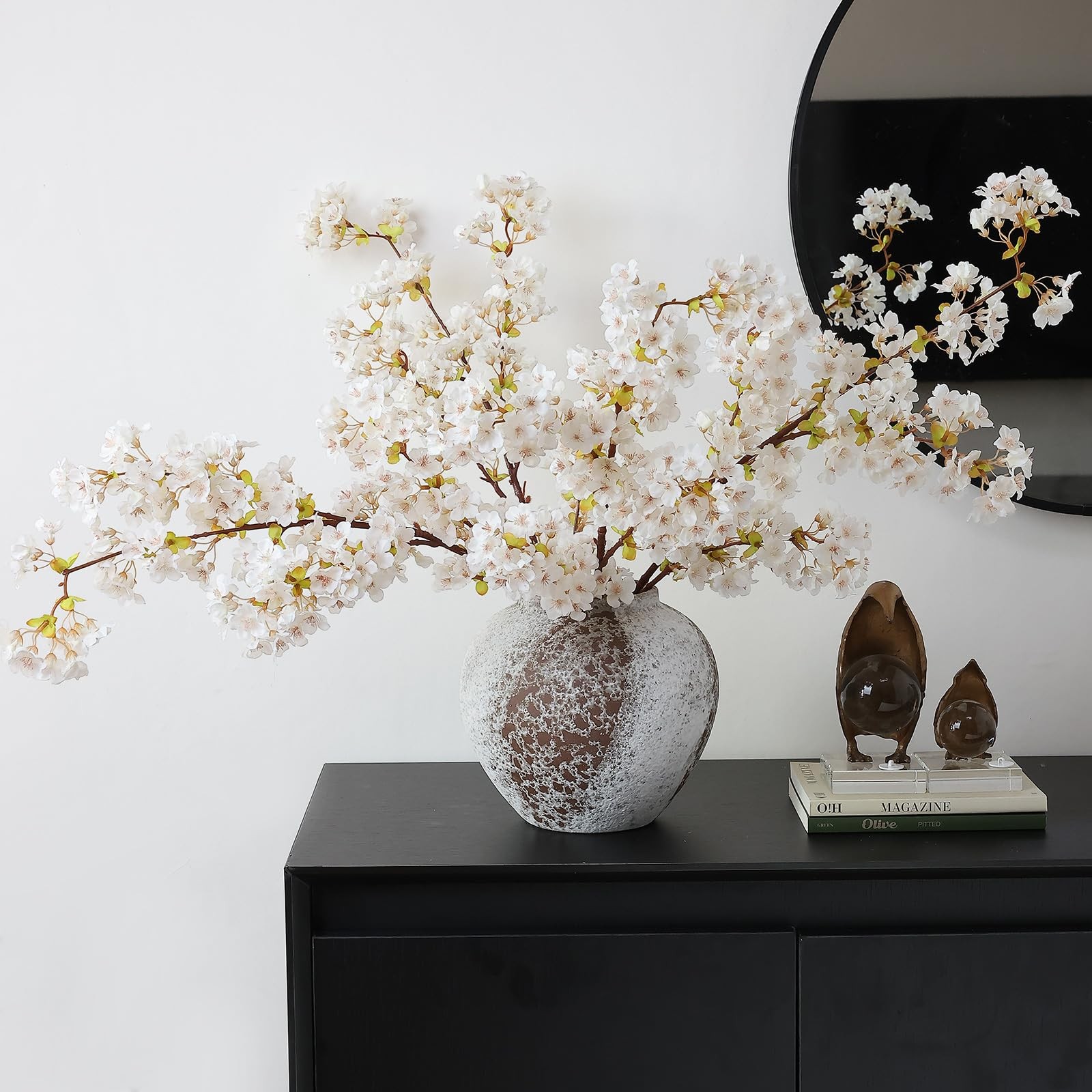 mizii 3Pcs Artificial White Cherry Blossom Branches 40″ Fake Silk Cherry Blos…