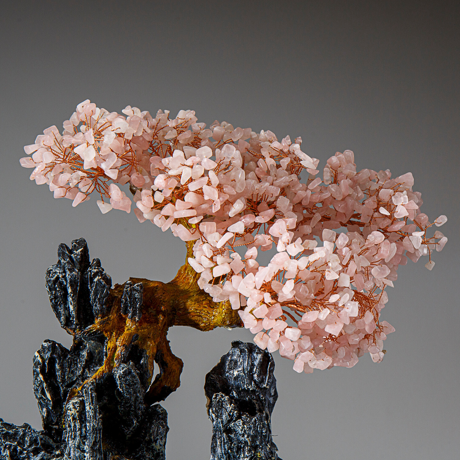 Genuine Rose Quartz Gemstone Bonsai Tree in Round Ceramic Pot (13”Tall)
