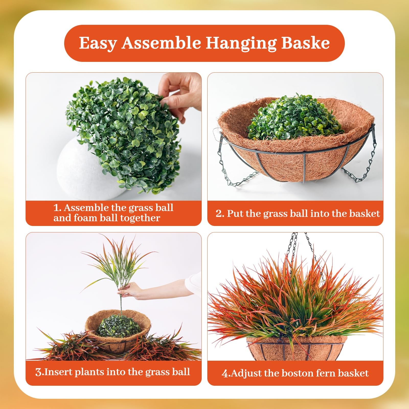 2 Set Fall Artificial Hanging Ferns Plants in Coconut Liner Baskets Outdoor