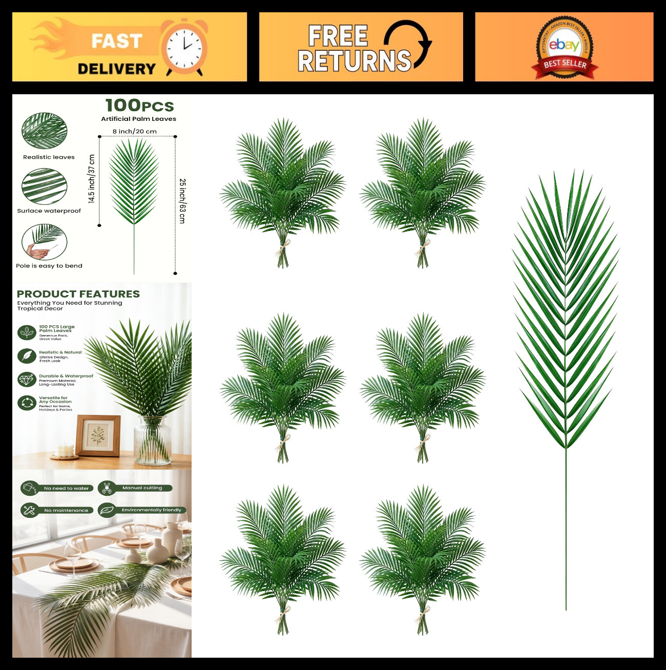 100 Pcs 25″ Faux Palm Leaves – Lifelike Tropical Fronds for Weddings, Luau & Dec