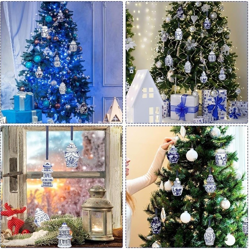 12pcs Blue White Porcelain Ginger Jars Christmas Ornaments Home Decor Collection