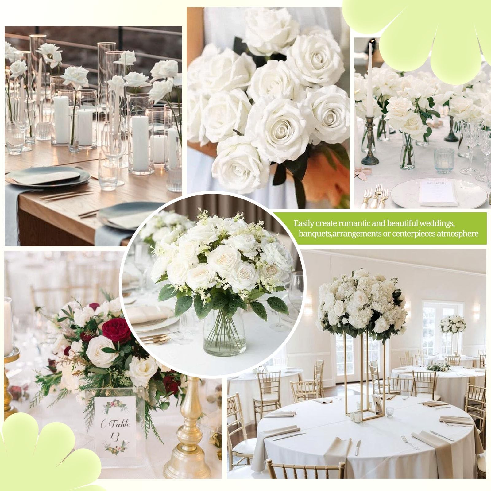 50 Pcs Artificial Roses Bulk, White Velvet Silk Rose Realistic Faux Artificia…