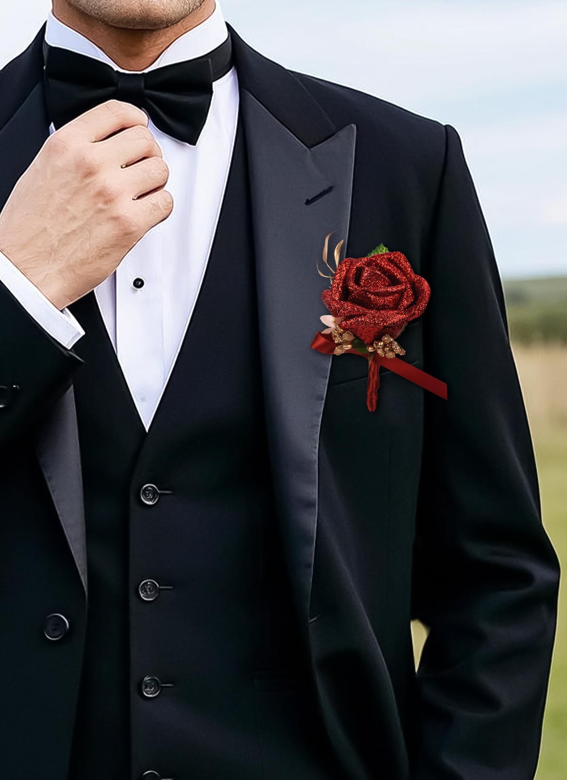 2 PCS Red Rose Boutonniere Corsage Set Artificial Flower Wristlet Wedding