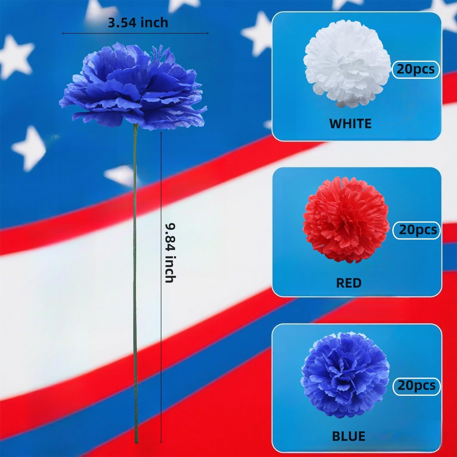 60 Pcs Red White and Blue Flowers with 9.8″ Stems, Patriotic Flowers Decor, 4…
