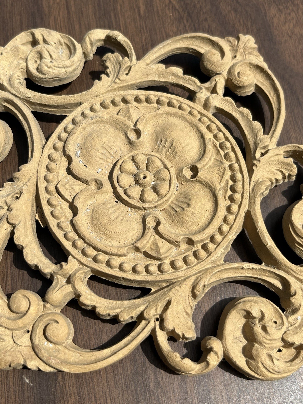Natural Wood Leaf Scroll Carved Flower Appliqué Furniture Pair