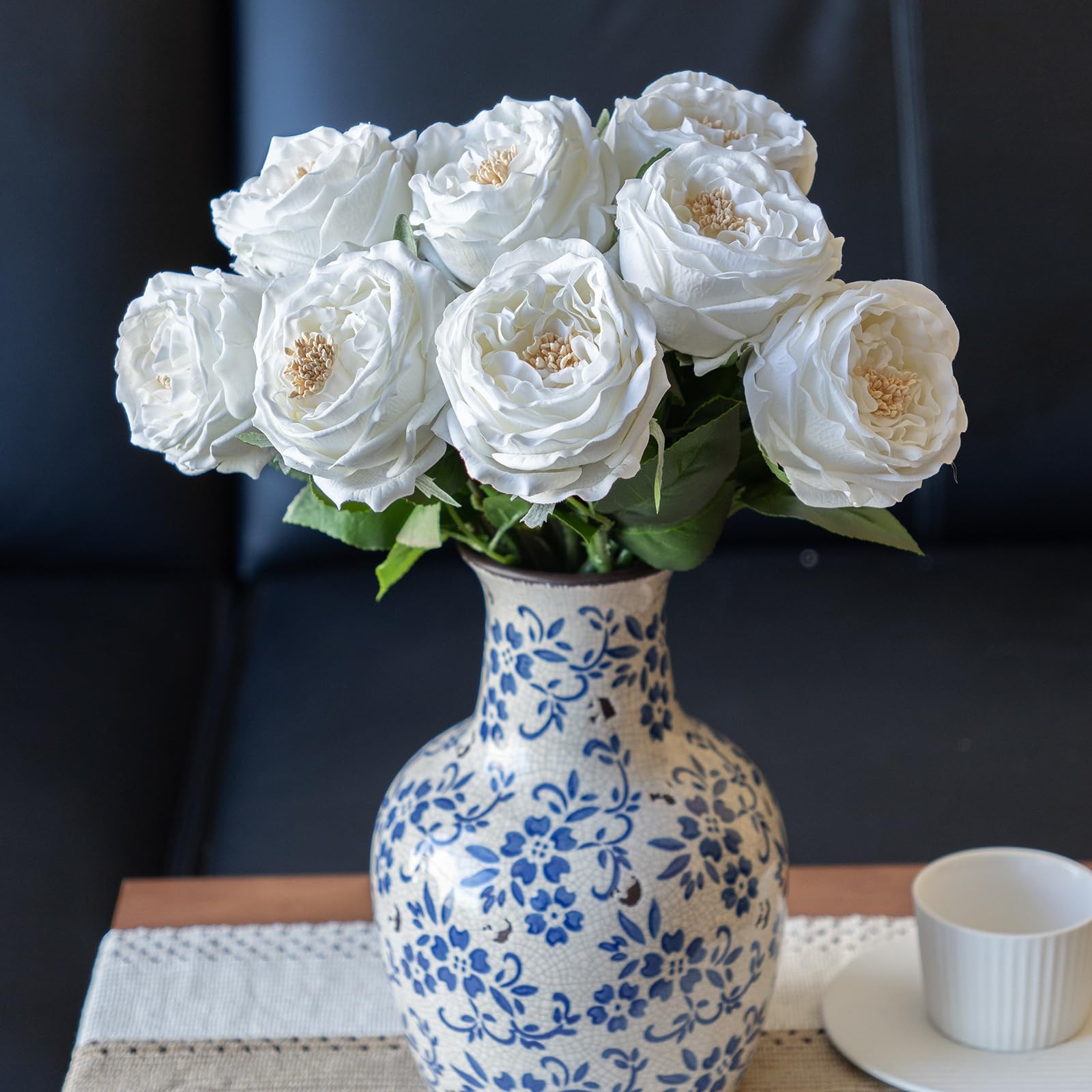 White Fake Flowers for Decoration 4pcs Real Touch Austin Rose Peony Latex