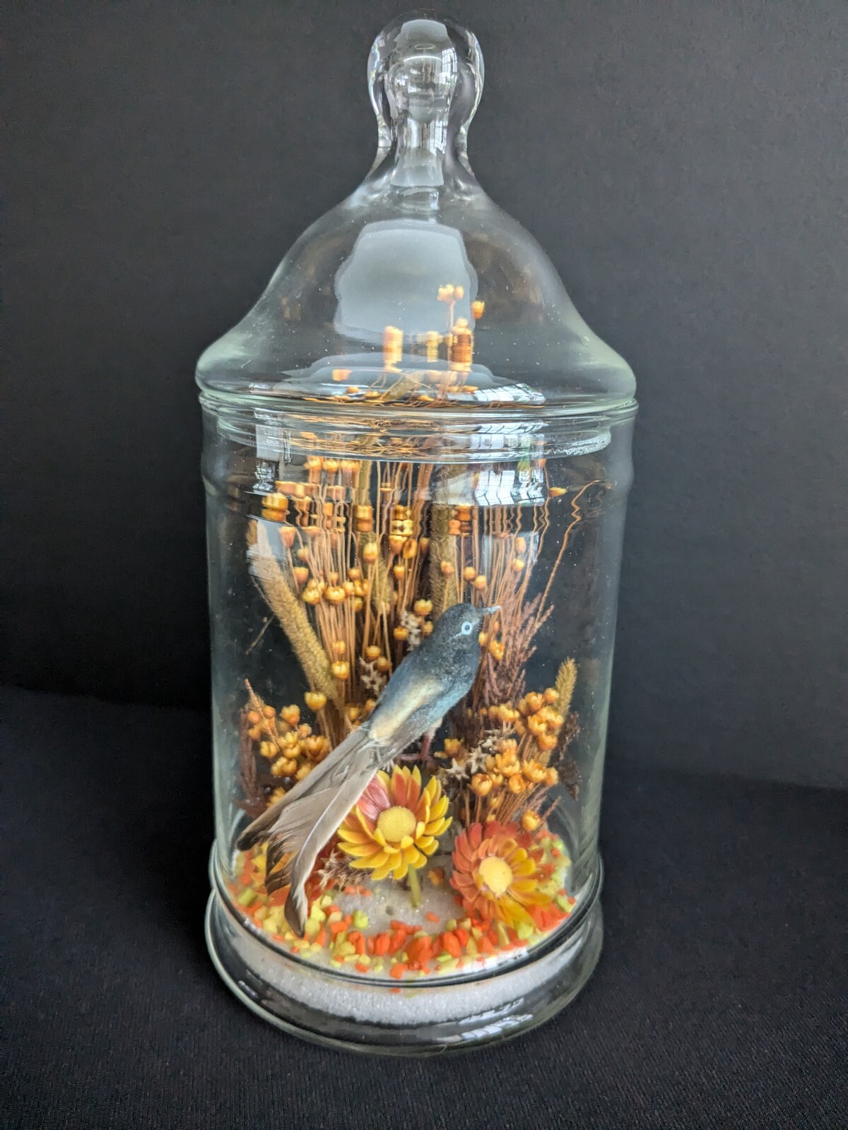 Vtg 1970’s Bird & Flowers Arrangement Dome Orange Yellow Brown Fall Decor