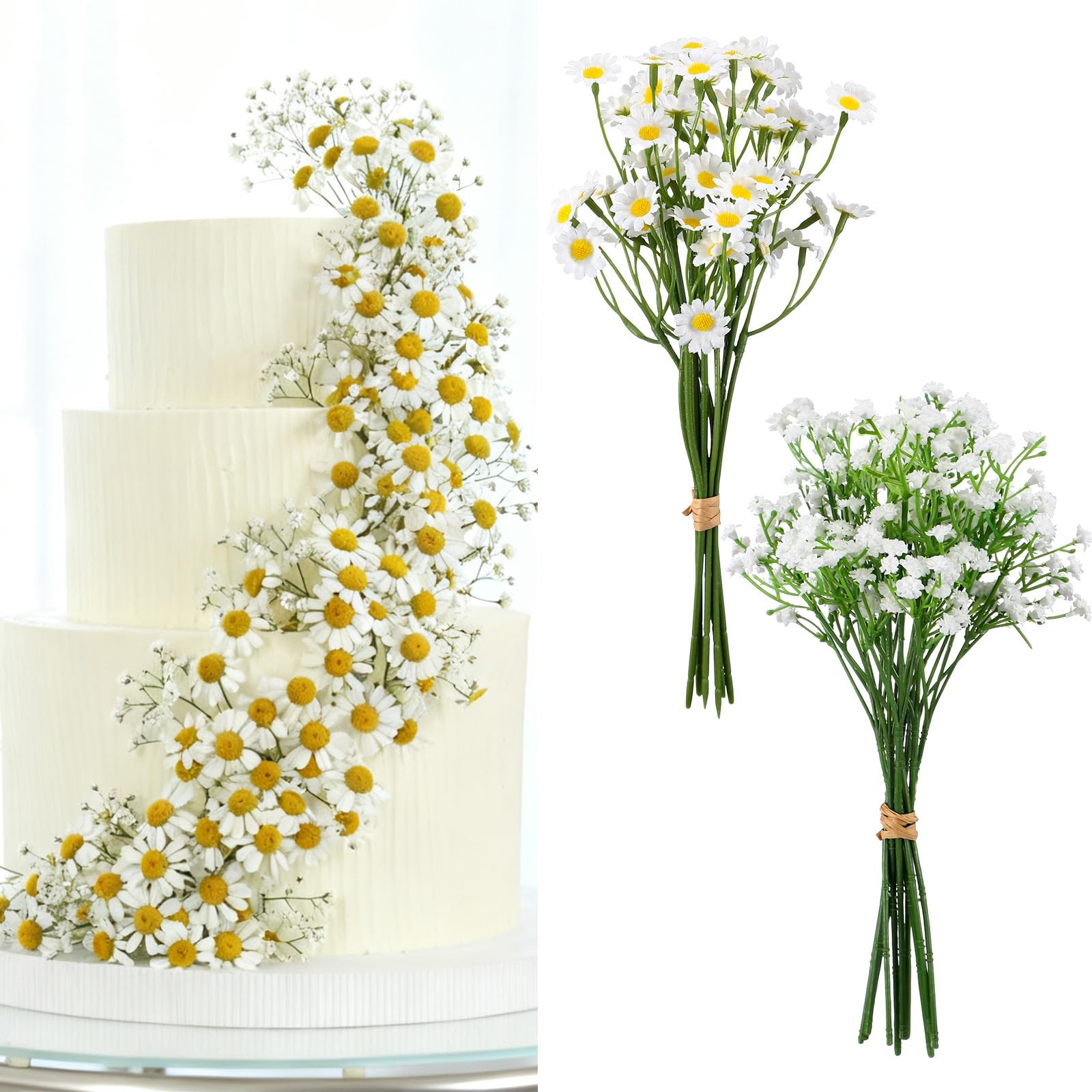 Wedding Cake Toppers White Flowers 12 Daisies & 10 Baby’s Breath Artificial