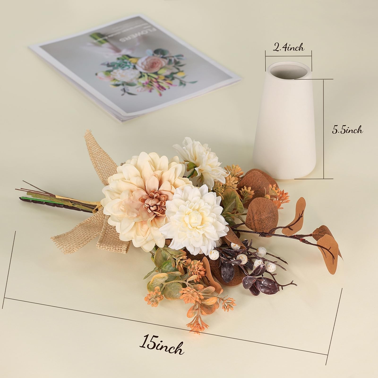 Small Artificial Flowers in Ceramic Vase 15 inch Faux Flower Centerpieces Cof…