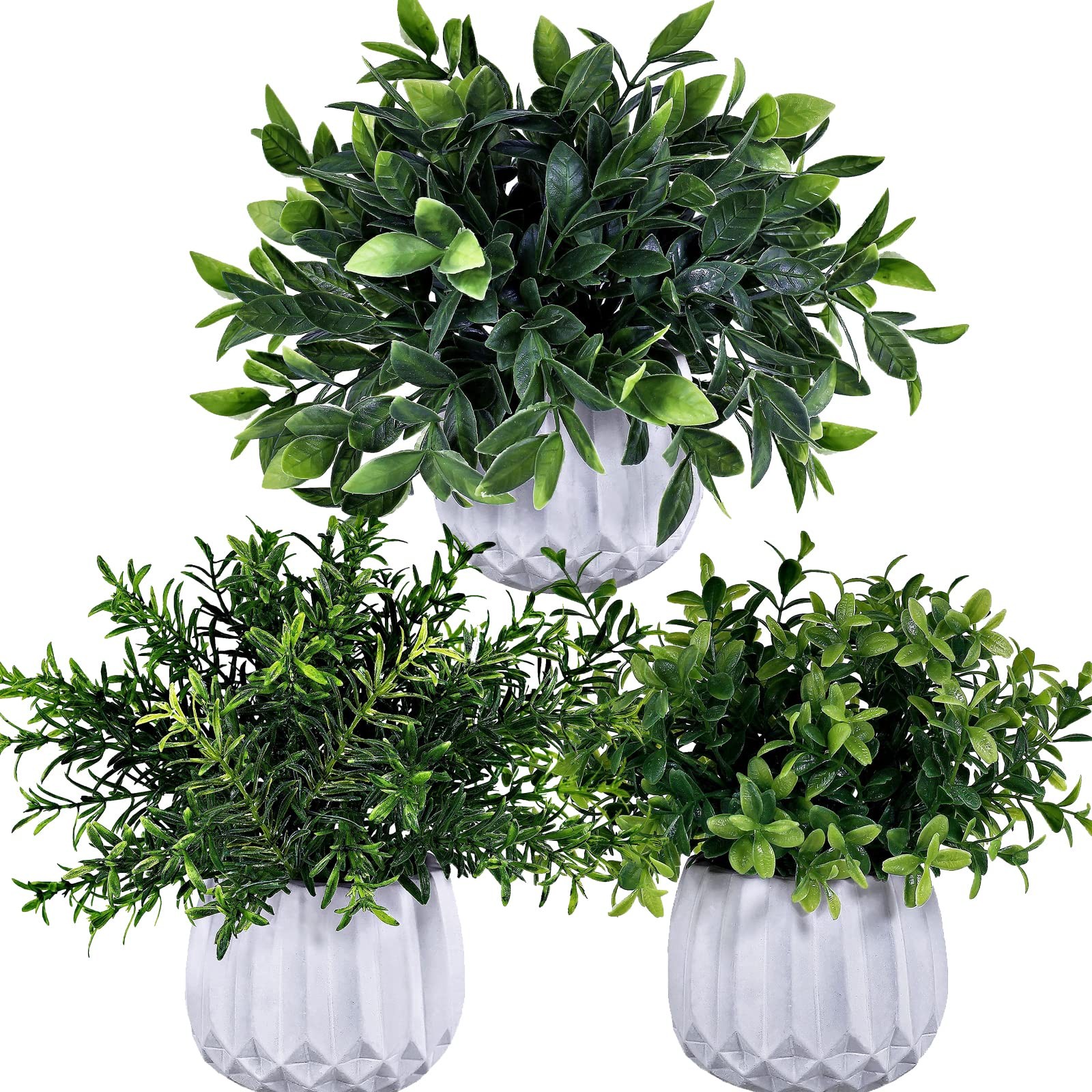 3 Pcs Faux Potted Plants Set – Artificial Eucalyptus, Rosemary, Boxwood Green…