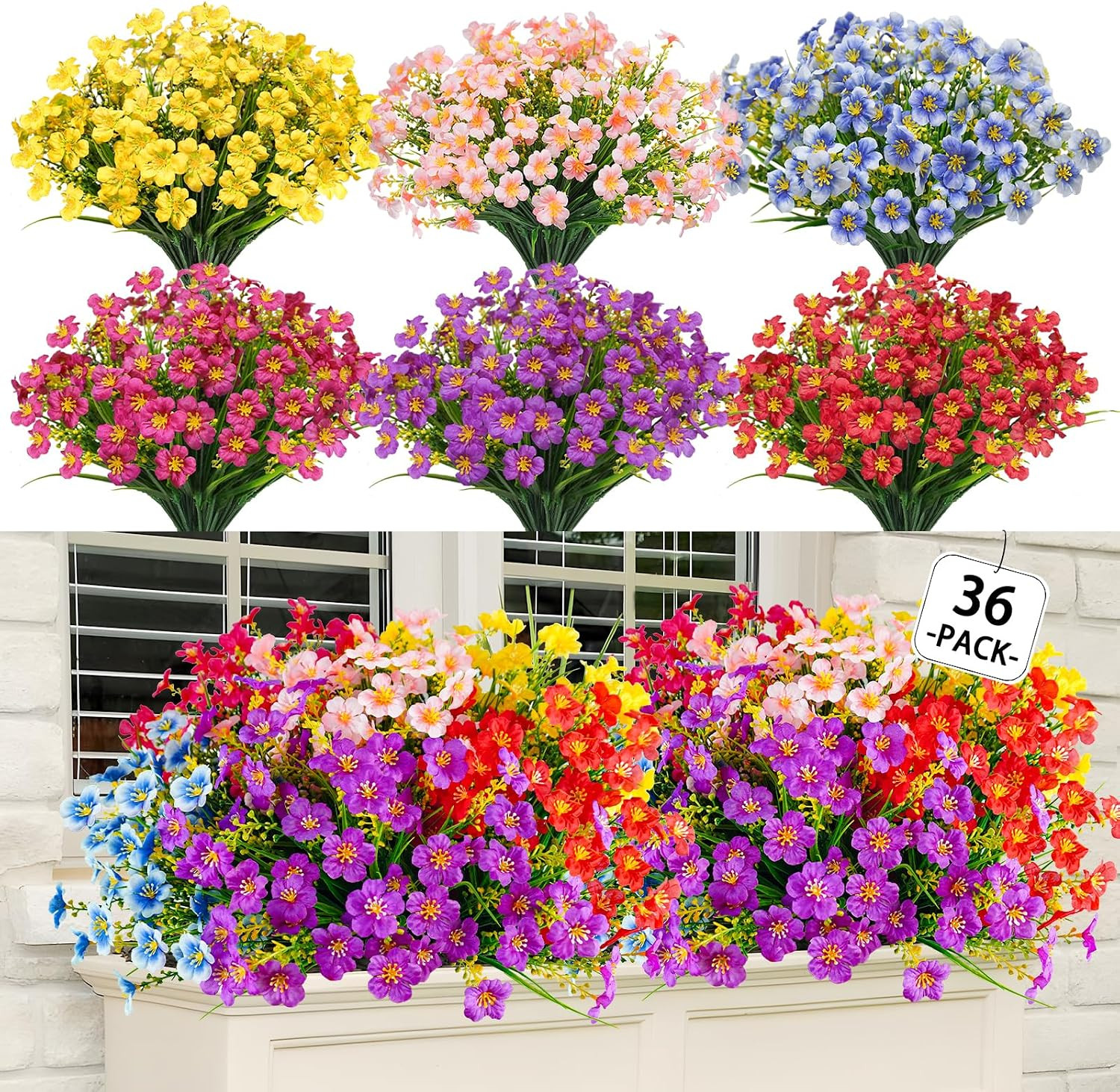 36 Pcs UV Resistant Faux Silk Flowers for Indoor & Outdoor Decor (6 Colors)