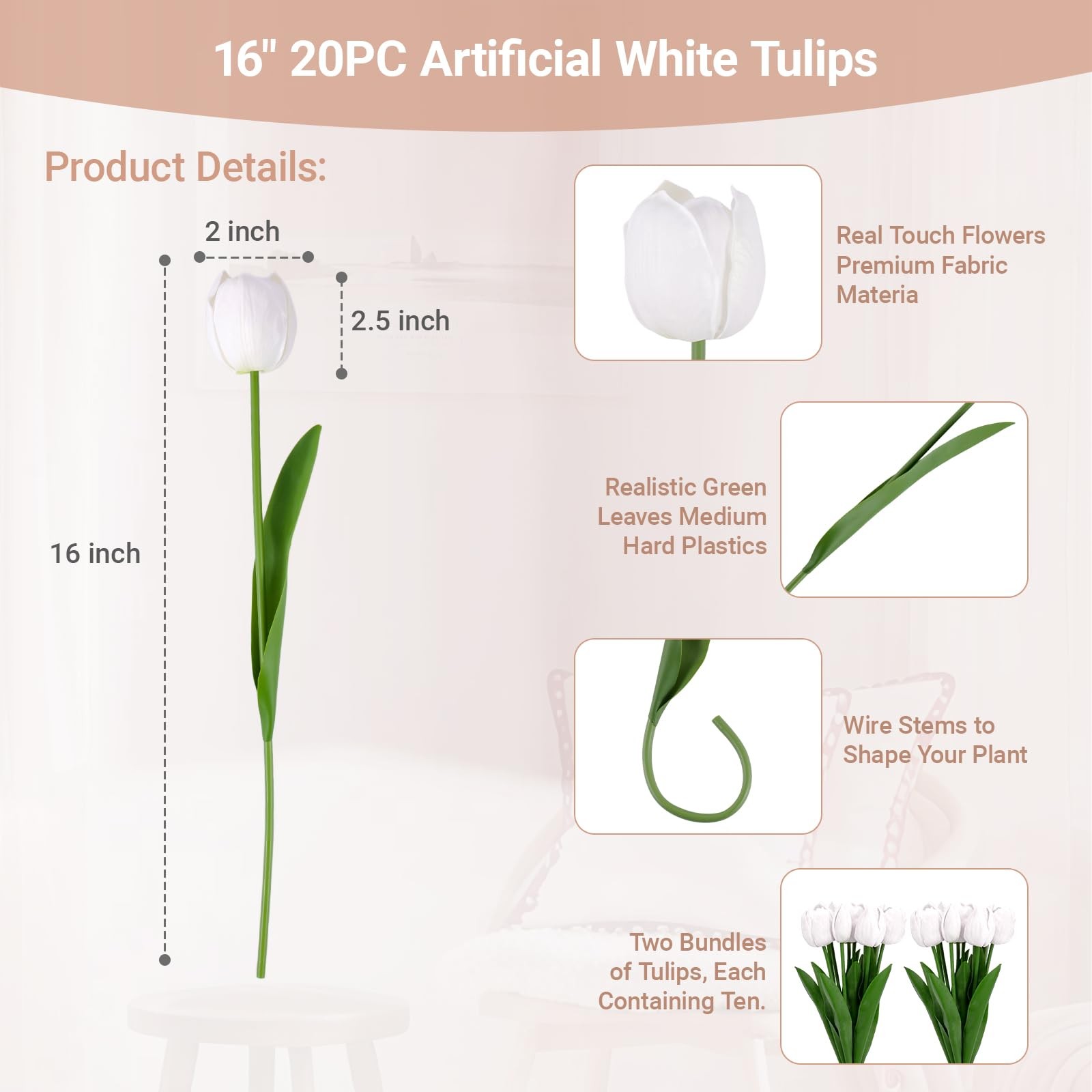 20 PCS 16 Inch Real Touch Artificial Fake Tulip Bridesmaid Wedding Bouquet