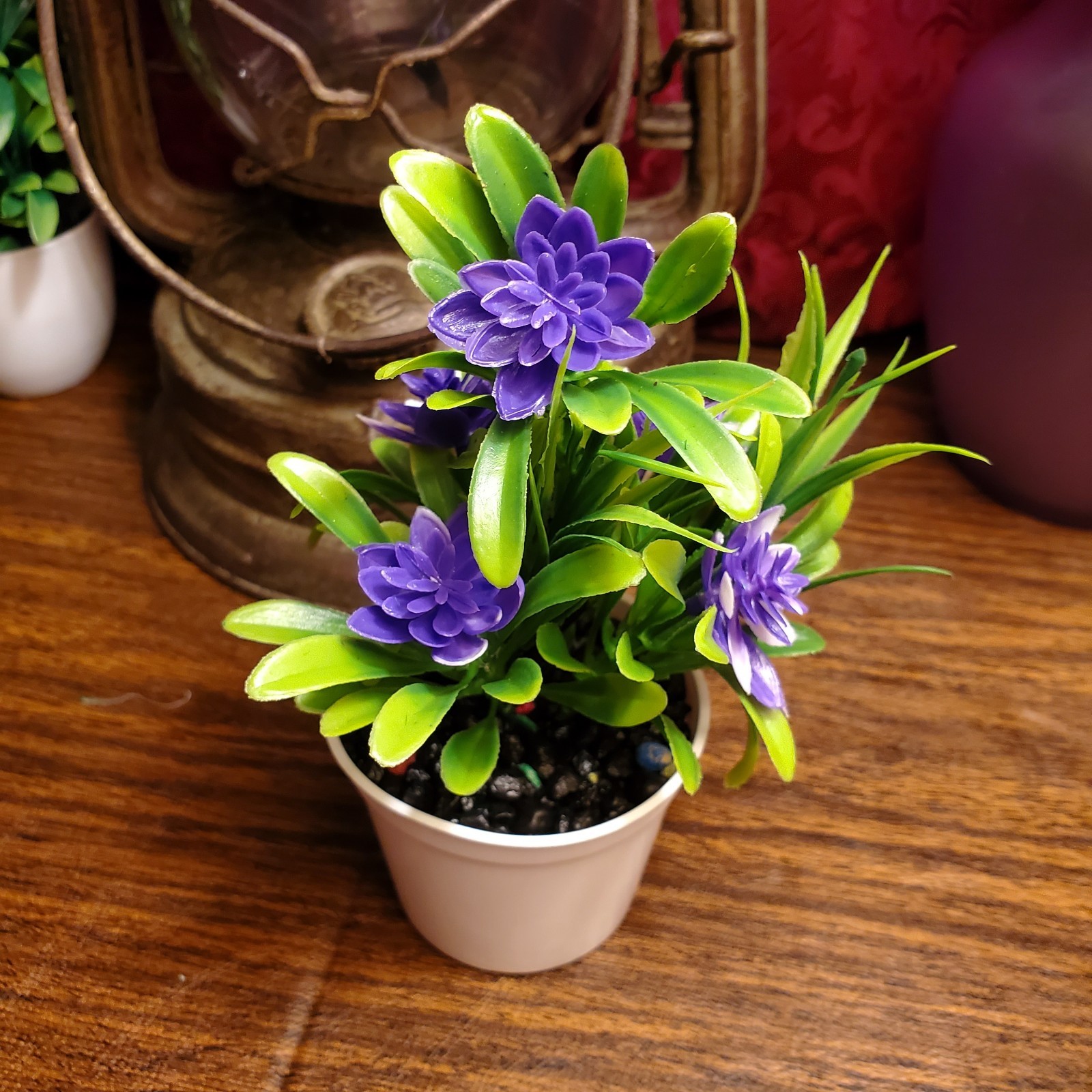 Potted Artificial Mini Purple Lotus Bonsai Plant Faux Desk Decor W/ Rocks 7″ USA
