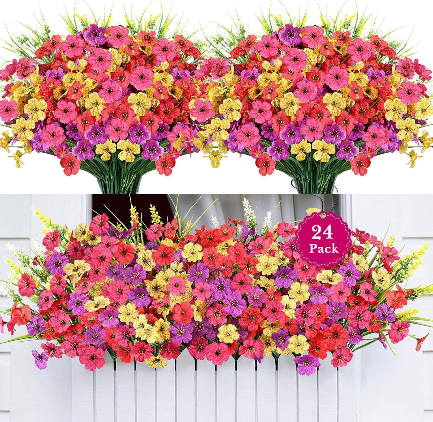 24 Bundles Realistic Fake Flowers for Outdoors, No Fade Faux Silk Flowers & Arti