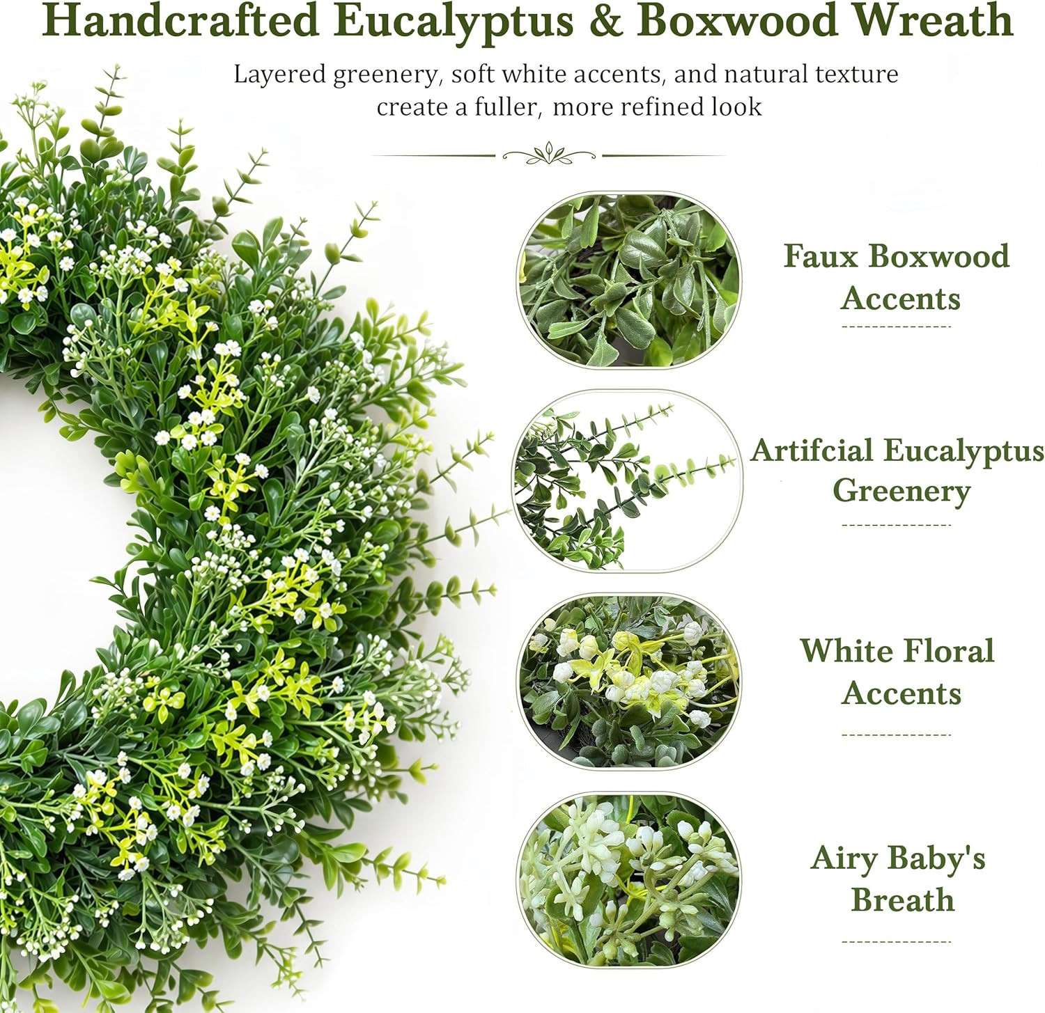 26 Inch Large Artificial Eucalyptus & Boxwood Wreath for Front Door All Season,