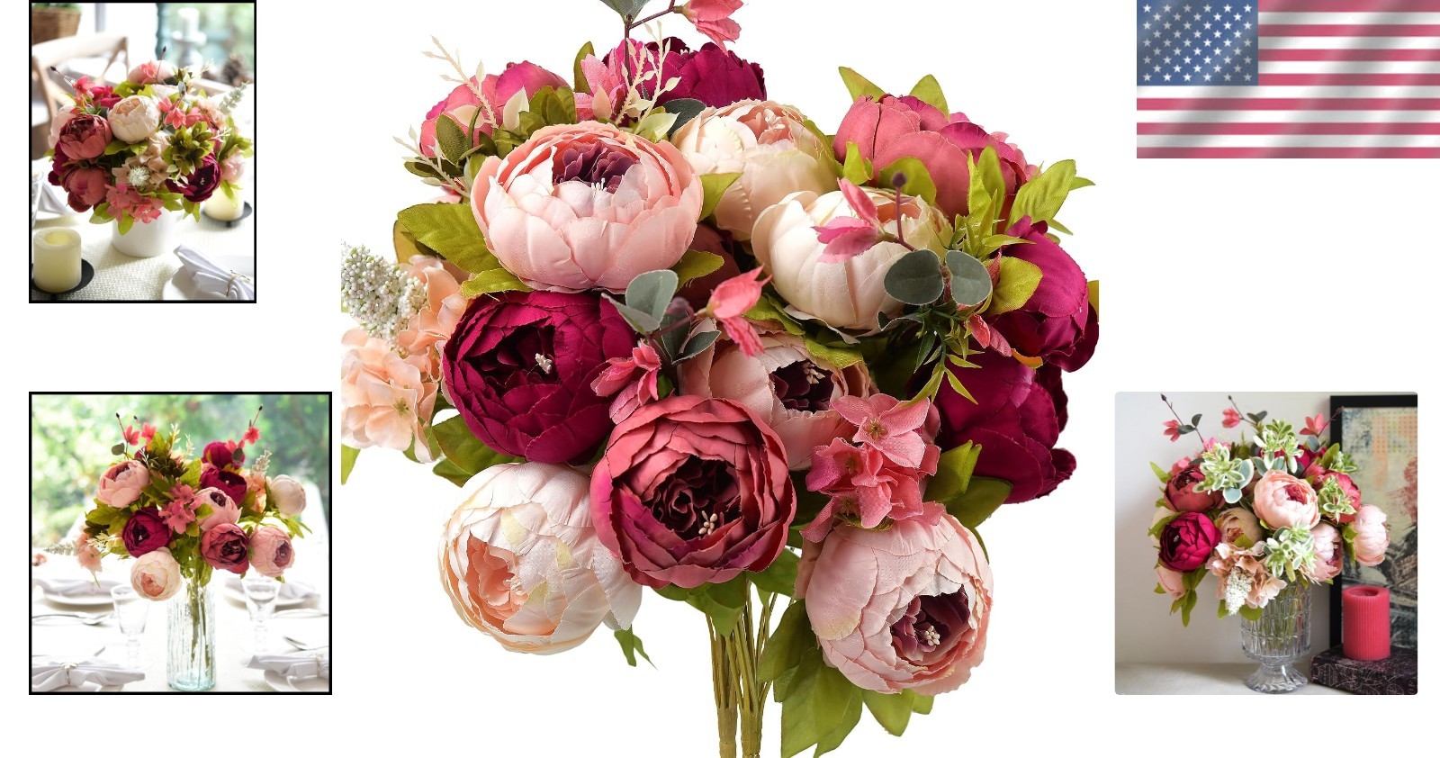 Romantic Pink Red Silk Peonies Hydrangeas