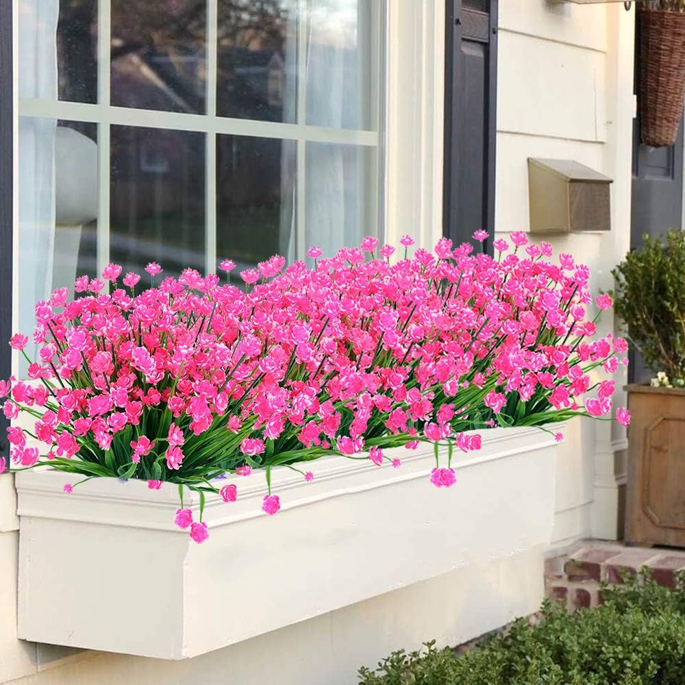 8 Bundles Outdoor Artificial Fake Flowers UV Resistant Shrubs Plants, Faux Plast