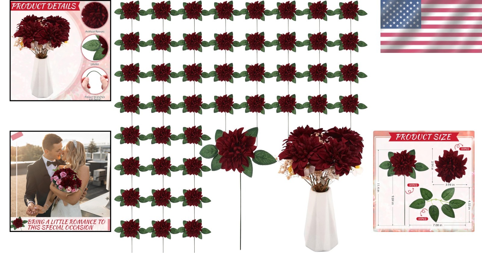 Bulk Pack of 50 Artificial Dahlia Flowers for Bridal Showers