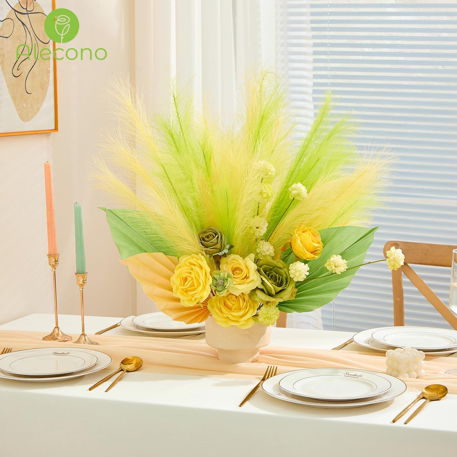 Pampas Grass 17in 𝟯𝟬𝙋𝙘𝙨, Yellow and Green Artificial Faux Fluffy Pampas …