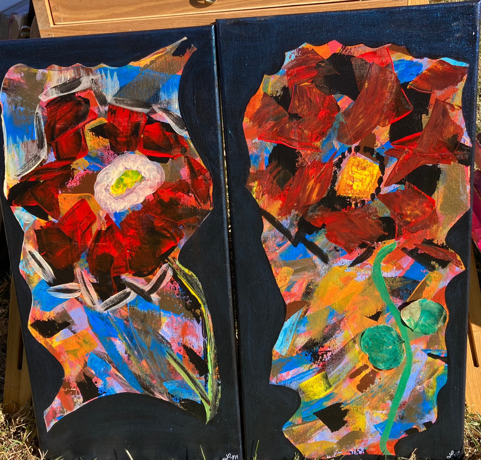 Roses on Black with Eucalyptus, Set of 2 Original Acrylic Scrape on Canvas 10×20
