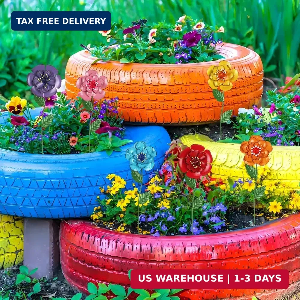 hogardeck Garden Decor for Outside, Set of 6 Metal Flowers Decorative Garden Sta