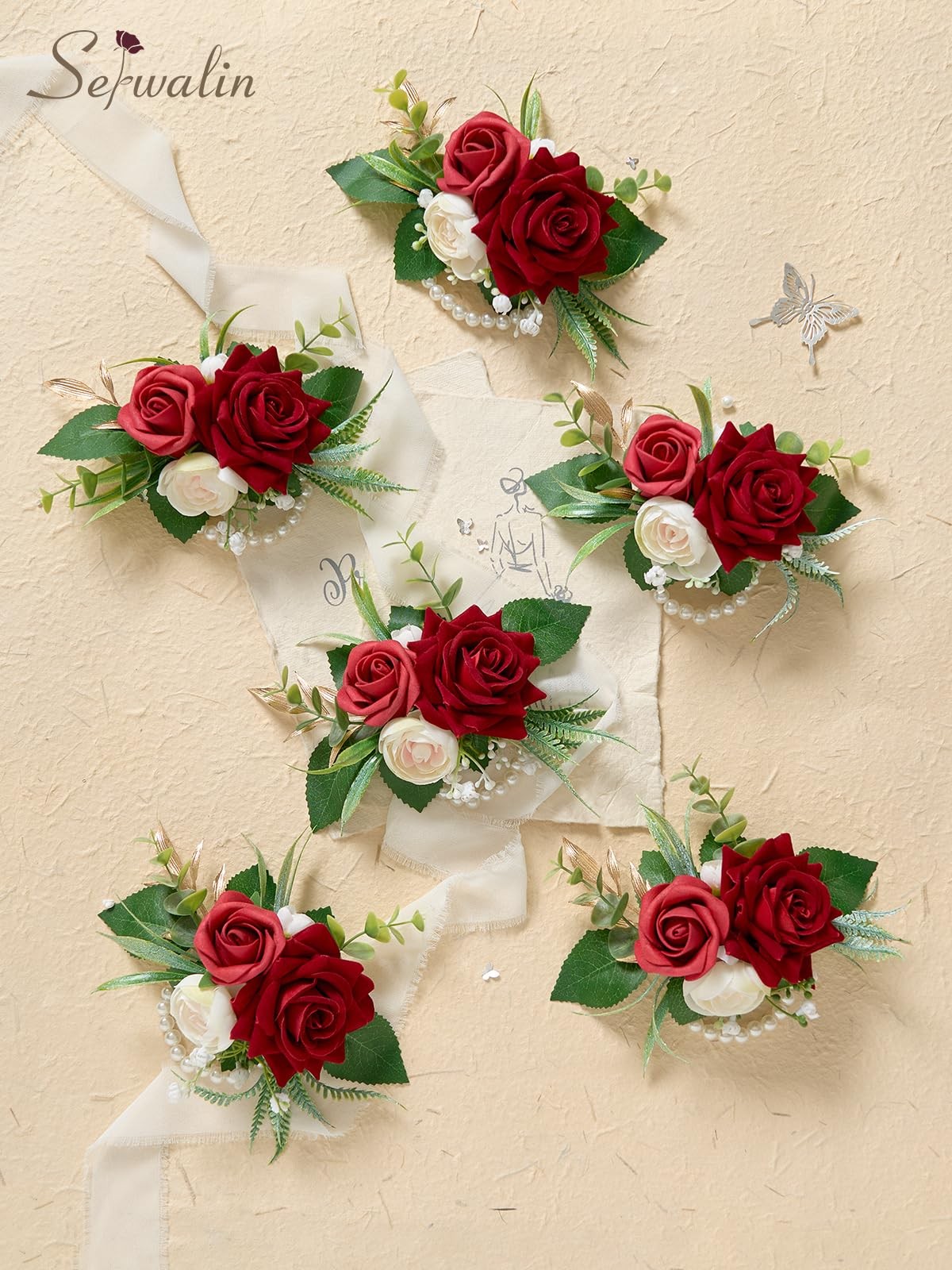 6 PCS Burgundy Wrist Corsage Wedding Roses Prom Homecoming Party Hand Decor