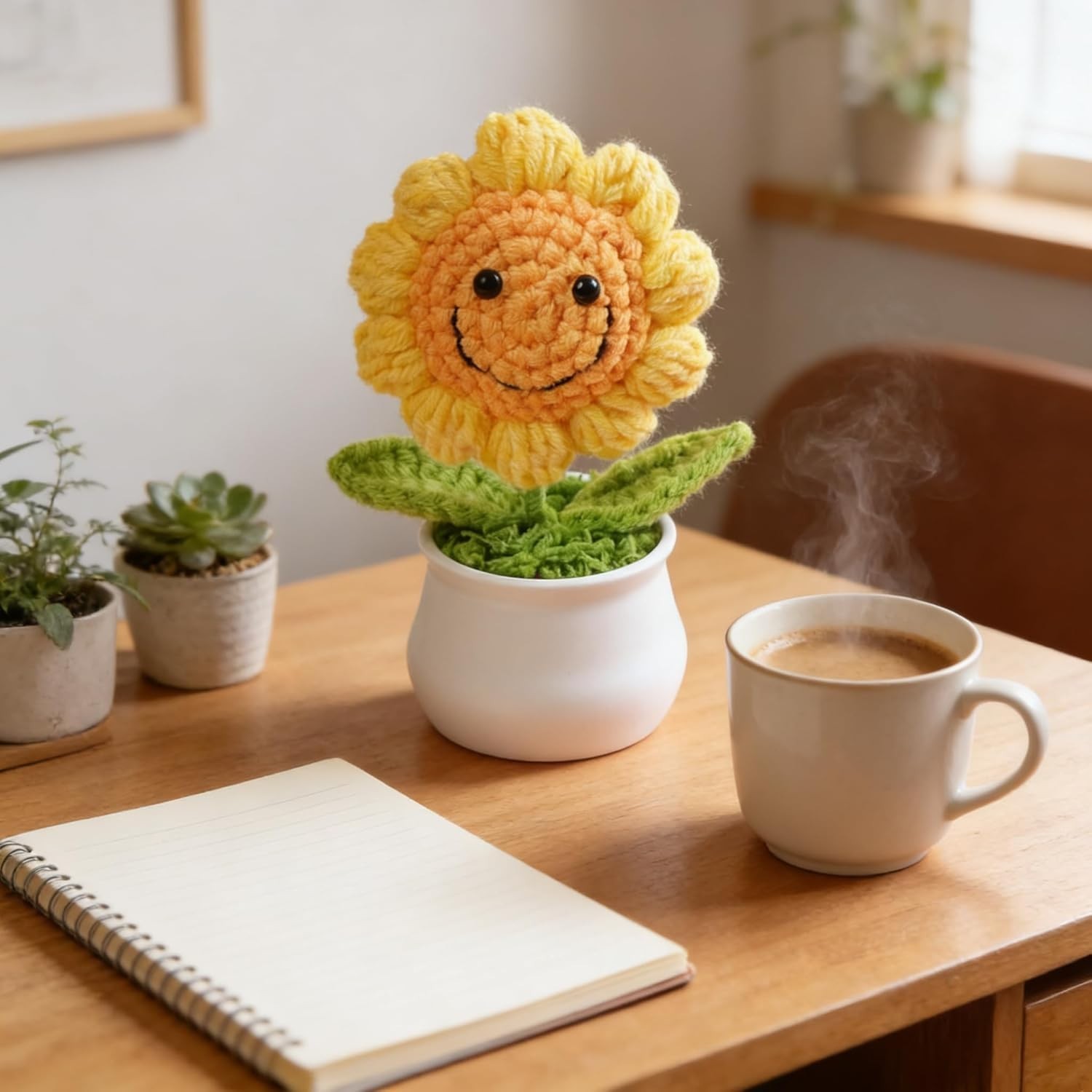 13CM Handmade Crochet Smiling Flower Pot Yellow | Cute Desk Décor Showpiece |